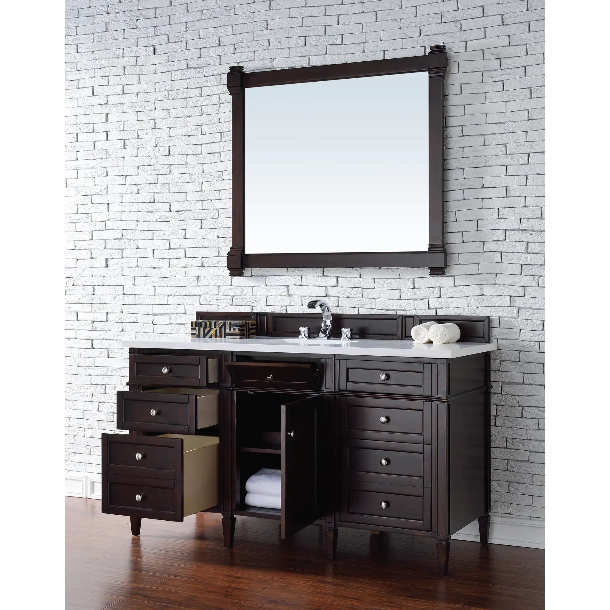 60" Brittany Single Vanity in Burnished Mahogany-White Zeus Silestone-8" Widespread image 3