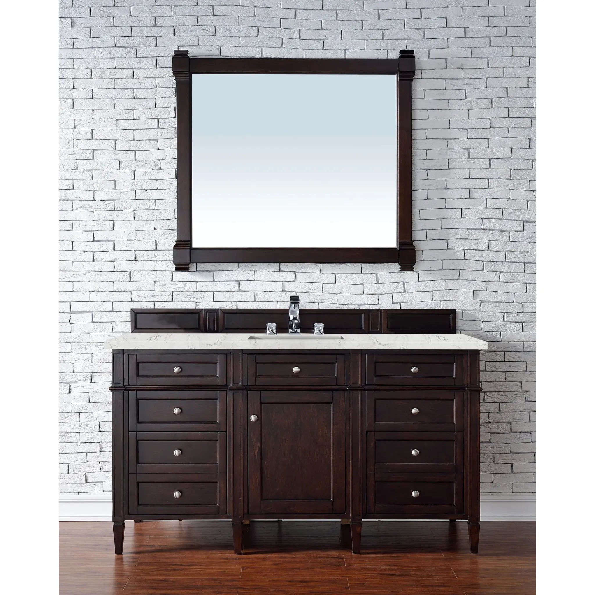 60" Brittany Single Vanity in Burnished Mahogany Wireless Charger-Eternal Jasmine Pearl Silestone-8" Widespread image 4