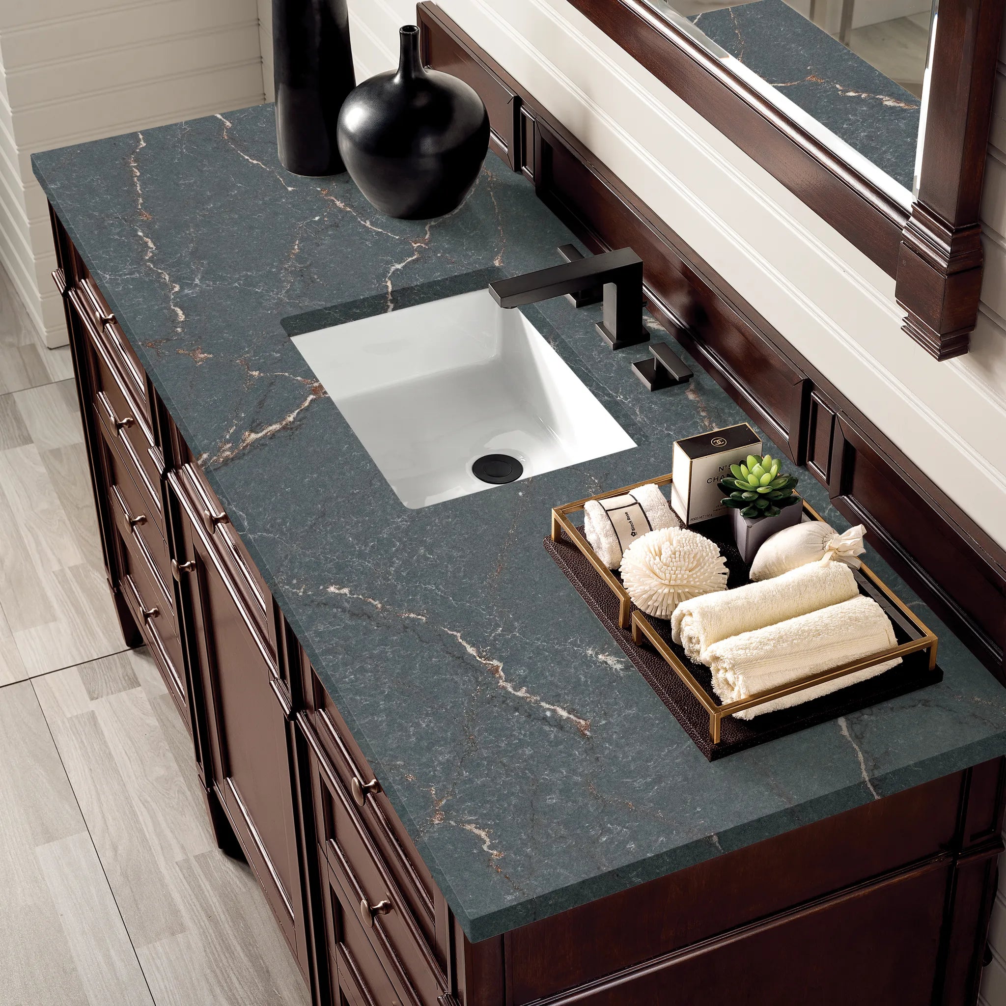 60" Brittany Single Vanity in Burnished Mahogany Wireless Charger-Parisien Bleu Silestone-8" Widespread image 7