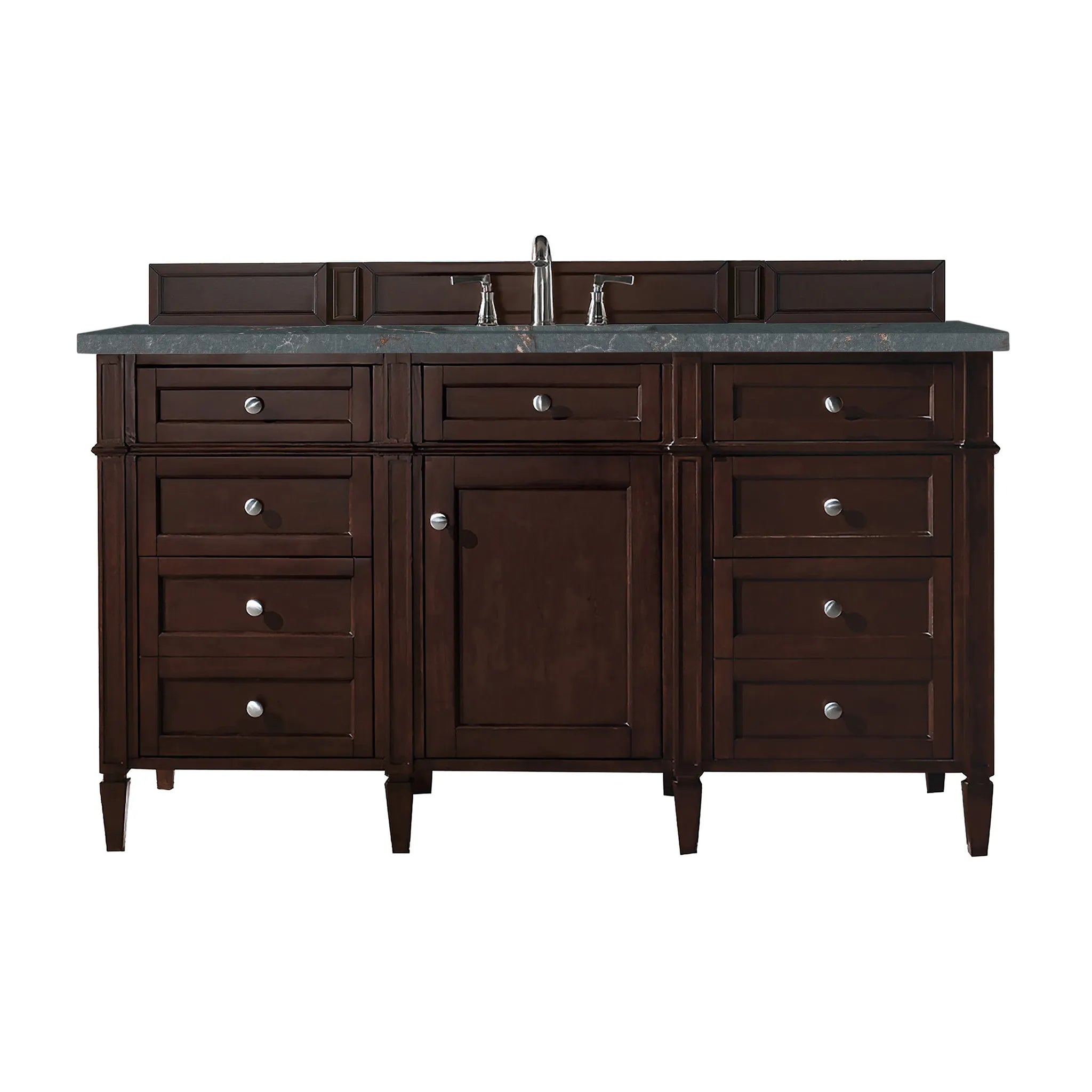 60" Brittany Single Vanity in Burnished Mahogany Wireless Charger-Parisien Bleu Silestone-8" Widespread image