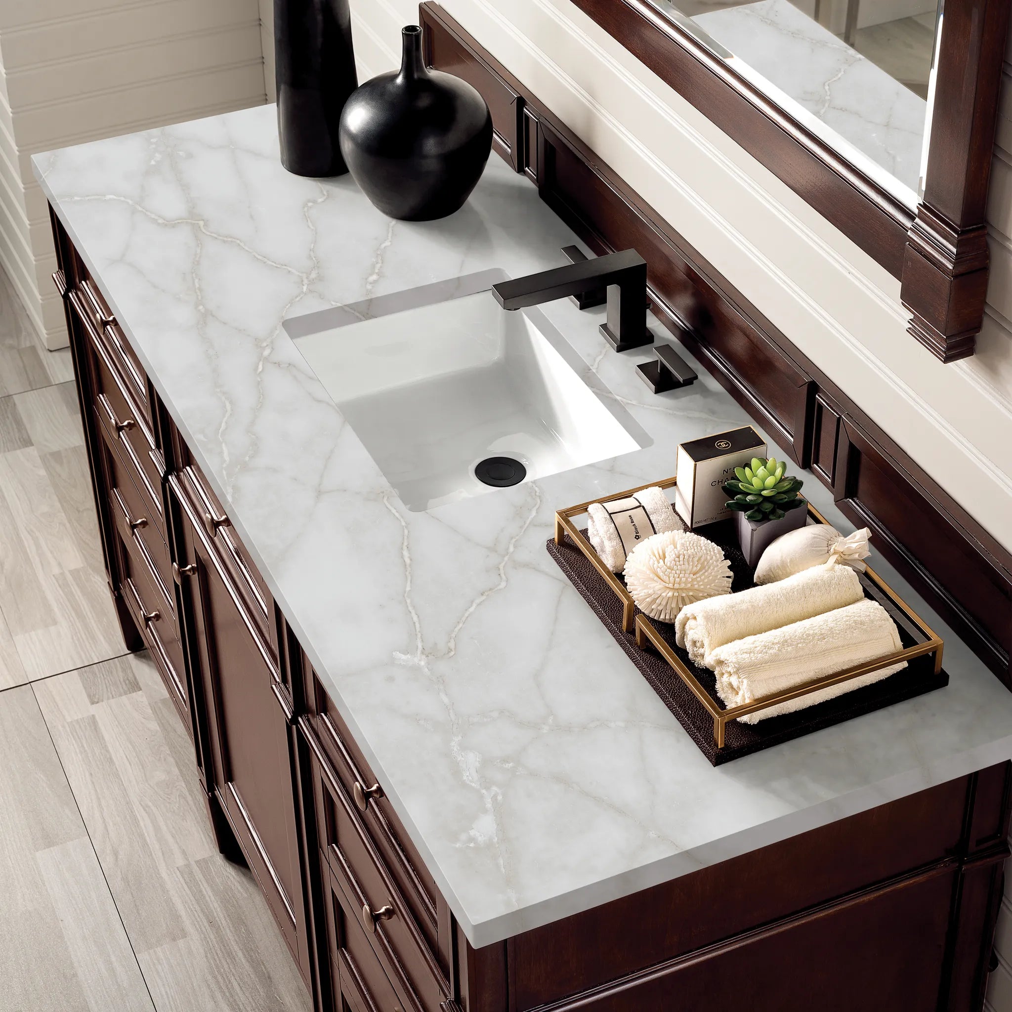 60" Brittany Single Vanity in Burnished Mahogany Wireless Charger-Victorian Silver Silestone-8" Widespread image 7