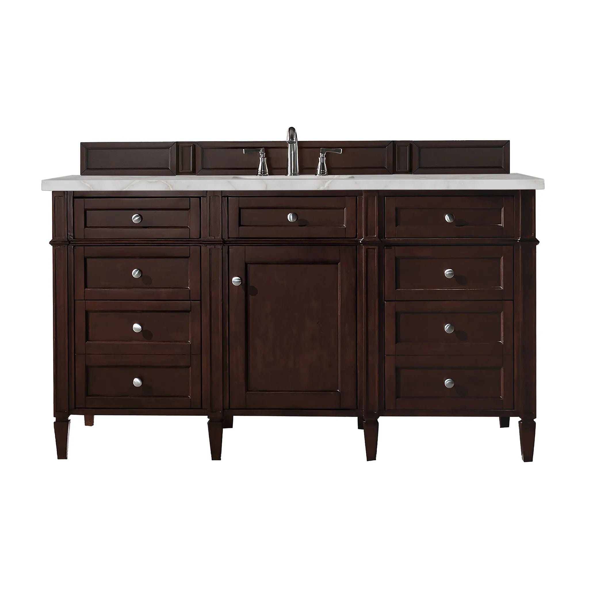 60" Brittany Single Vanity in Burnished Mahogany Wireless Charger-Victorian Silver Silestone-8" Widespread image