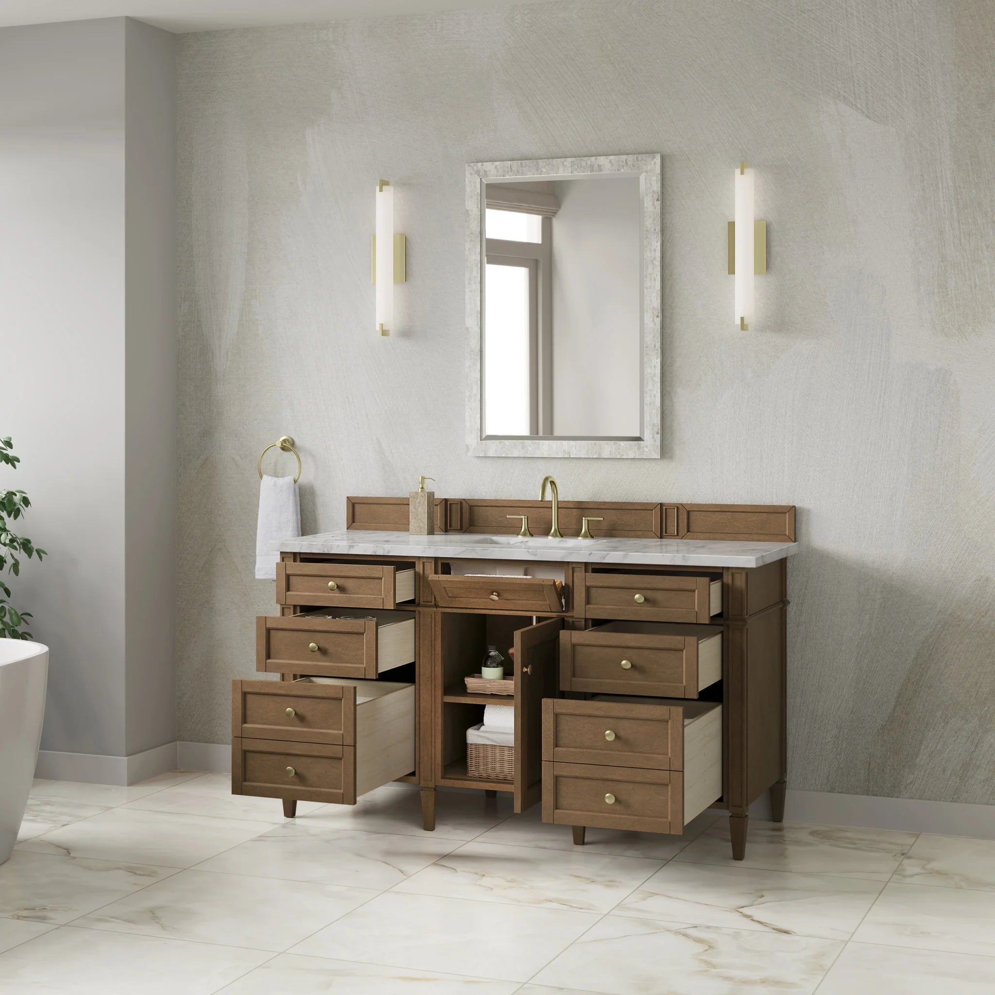 60" Brittany Single Vanity in Pecan by James Martin Vanities-Carrara White Marble 3
