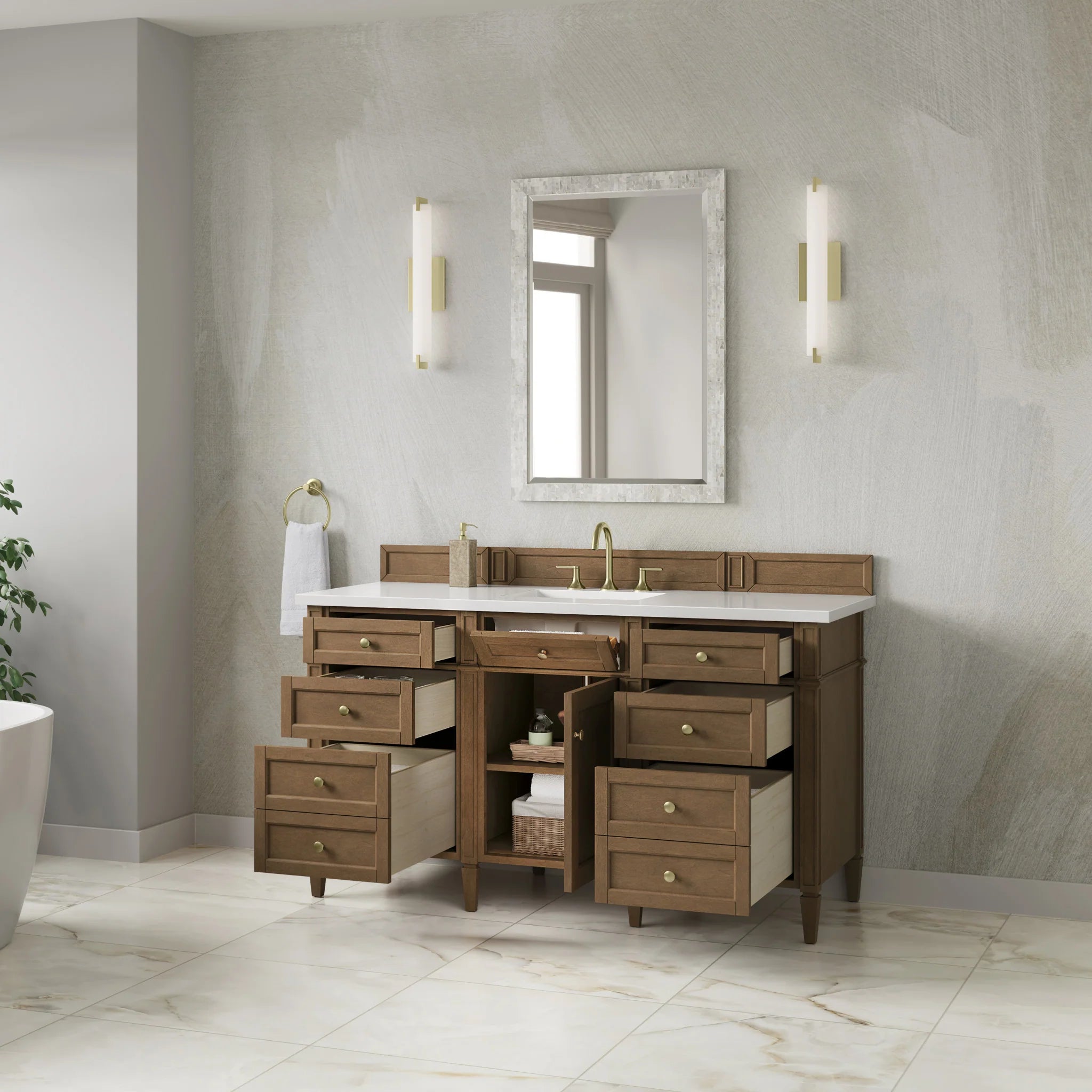 60" Brittany Single Vanity in Pecan by James Martin Vanities-White Zeus Silestone 3