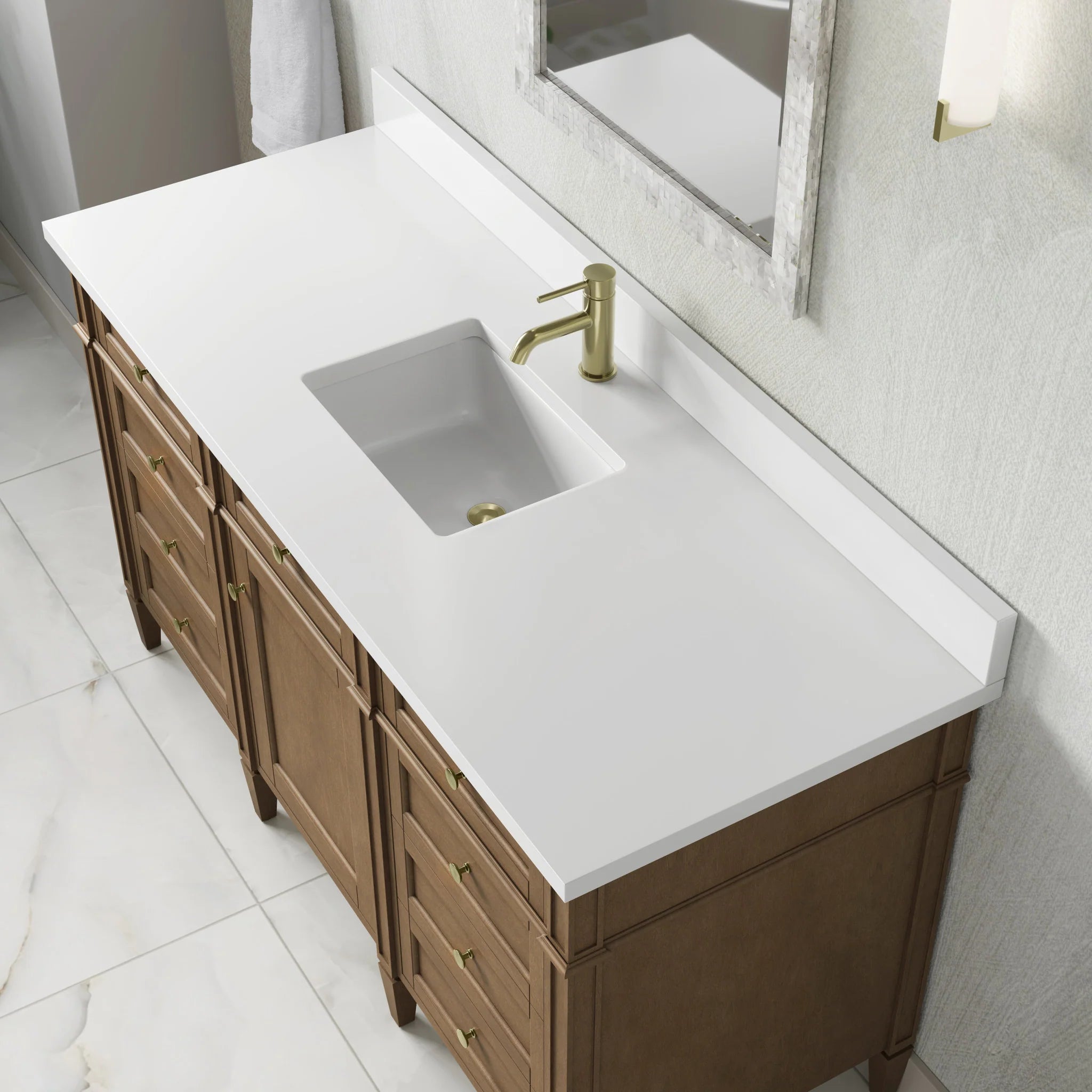 60" Brittany Single Vanity in Pecan by James Martin Vanities-White Zeus Silestone & Backsplash 5