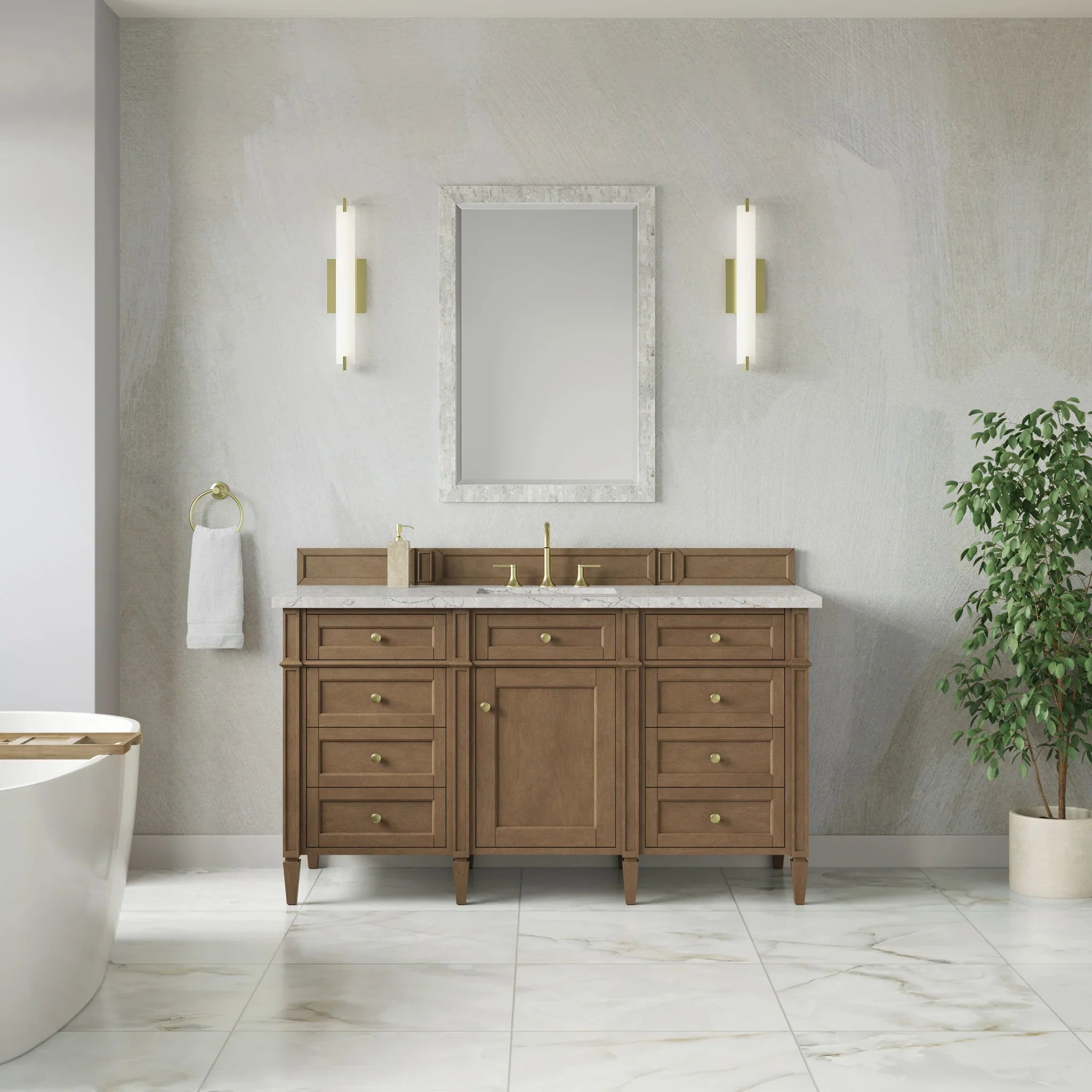 60" Brittany Single Vanity in Pecan w/FreePower Wireless Charger by James Martin Vanities-Eternal Jasmine Pearl Silestone 1