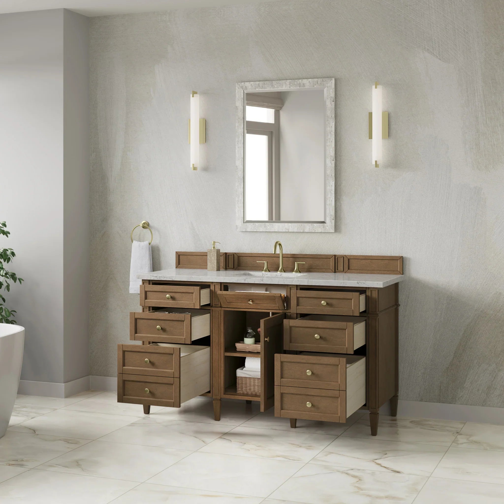 60" Brittany Single Vanity in Pecan w/FreePower Wireless Charger by James Martin Vanities-Eternal Jasmine Pearl Silestone 3