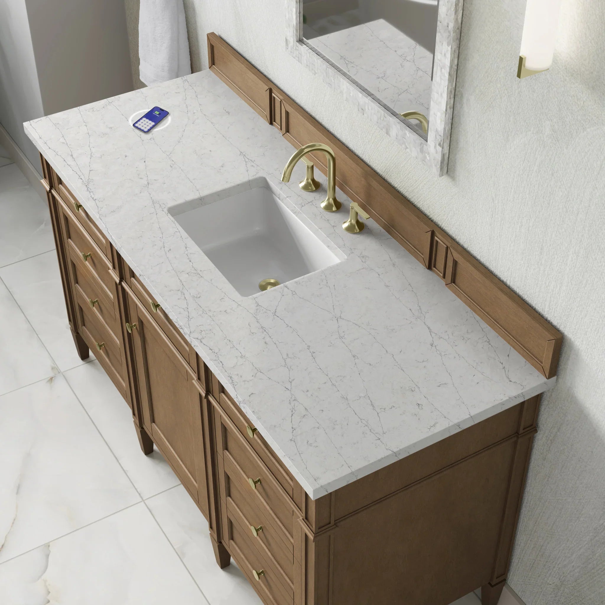 60" Brittany Single Vanity in Pecan w/FreePower Wireless Charger by James Martin Vanities-Eternal Jasmine Pearl Silestone 6