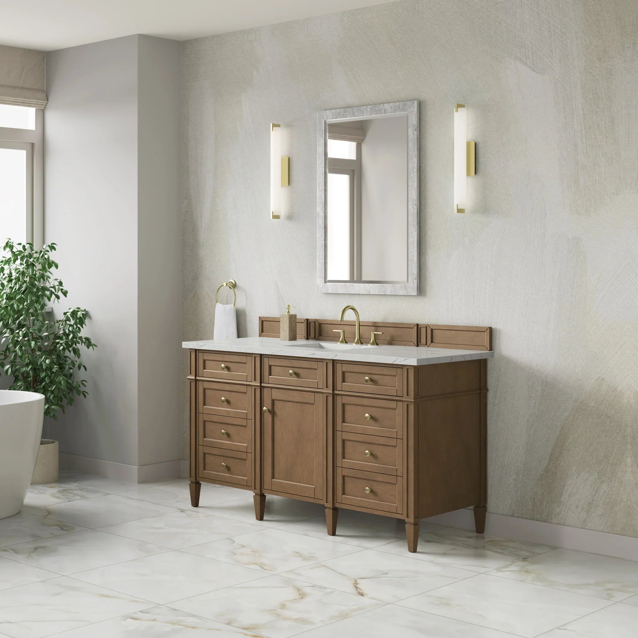 60" Brittany Single Vanity in Pecan w/FreePower Wireless Charger by James Martin Vanities-Ethereal Noctis Silestone 2