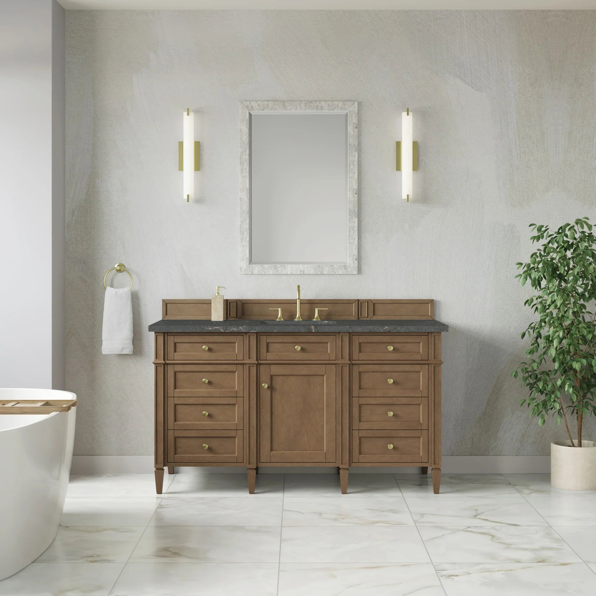 60" Brittany Single Vanity in Pecan w/FreePower Wireless Charger by James Martin Vanities-Parisien Bleu Silestone 1