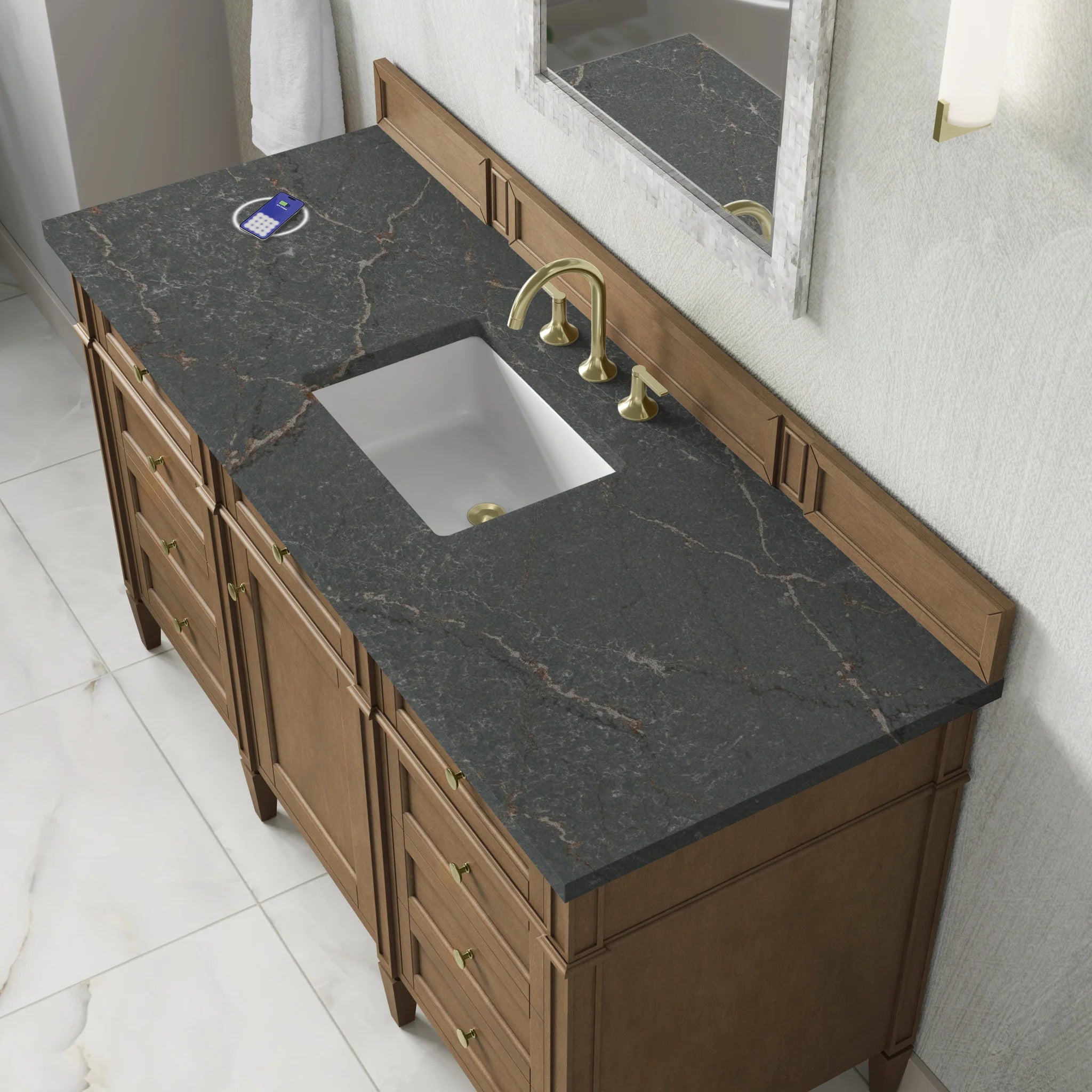 60" Brittany Single Vanity in Pecan w/FreePower Wireless Charger by James Martin Vanities-Parisien Bleu Silestone 6