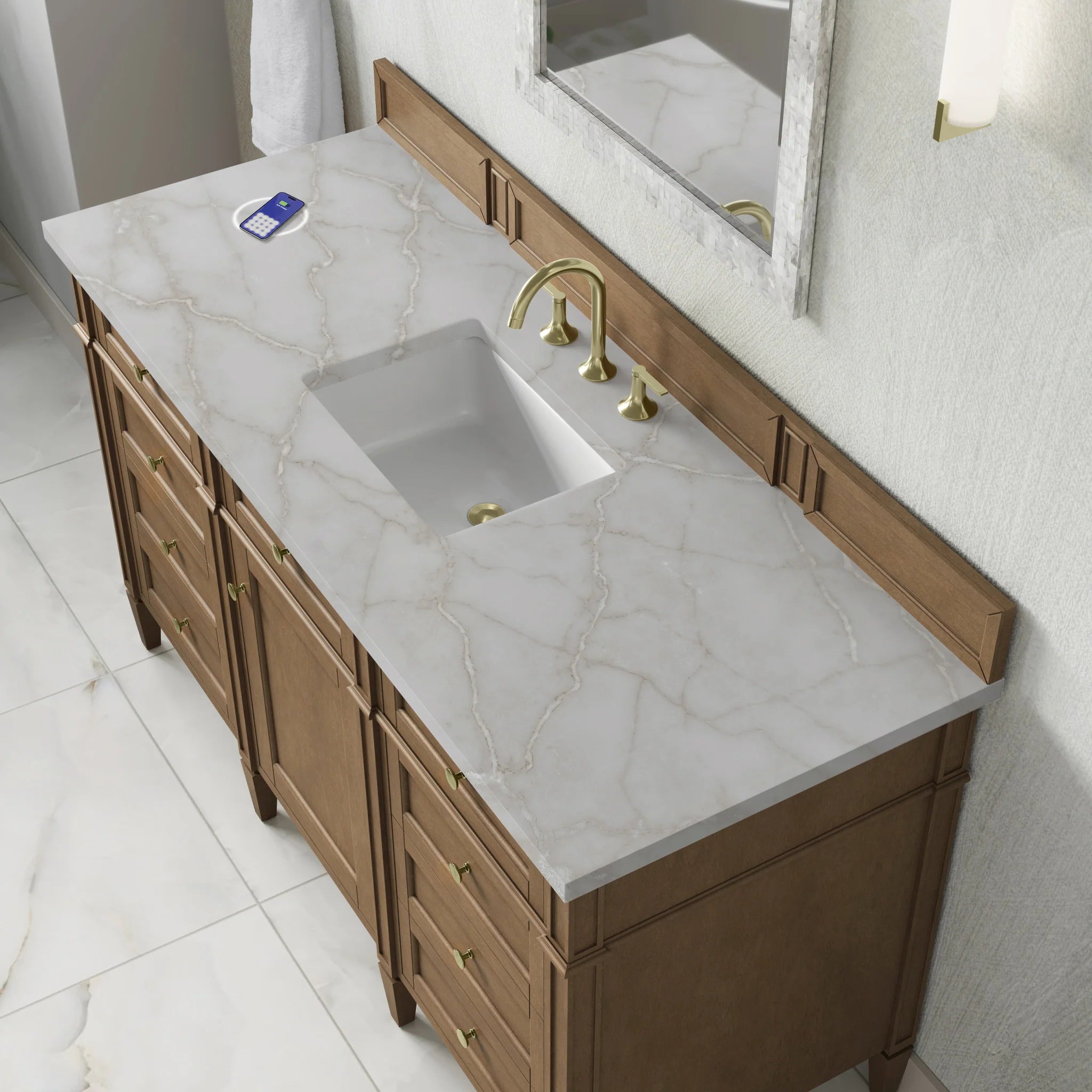 60" Brittany Single Vanity in Pecan w/FreePower Wireless Charger by James Martin Vanities-Victorian Silver Silestone 6