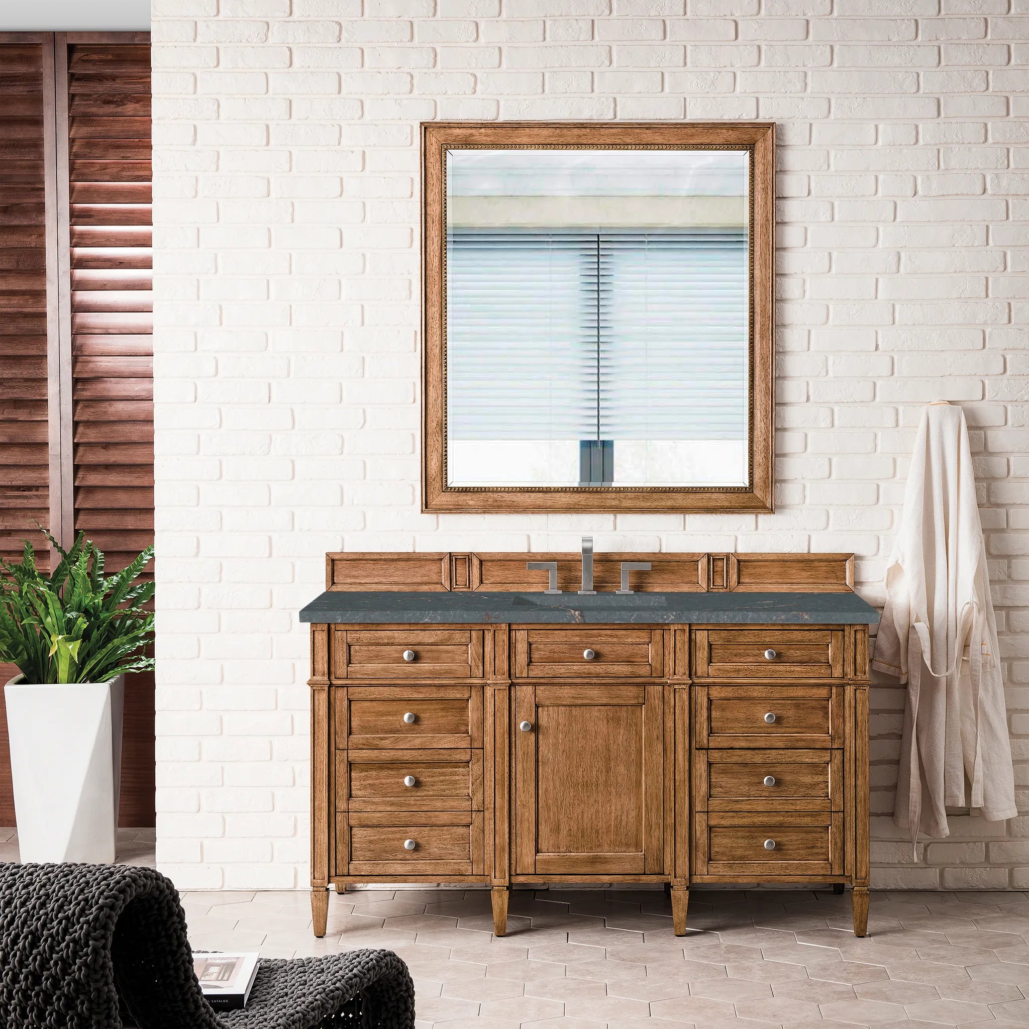 60" Brittany Single Vanity in Saddle Brown w/FreePower Wireless Charger-Parisien Bleu Silestone-8" Widespread image 4