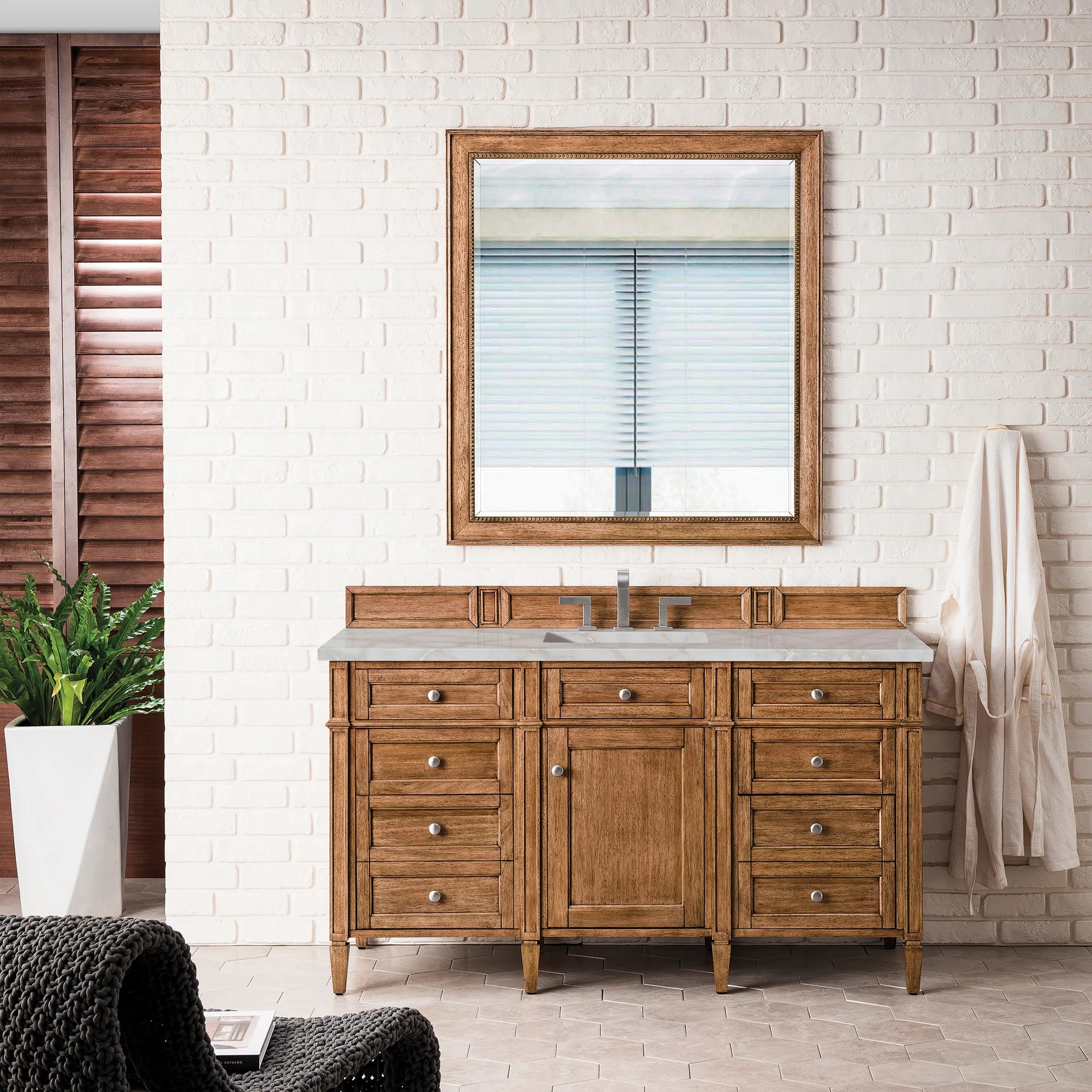 60" Brittany Single Vanity in Saddle Brown w/FreePower Wireless Charger-Victorian Silver Silestone-8" Widespread image 4