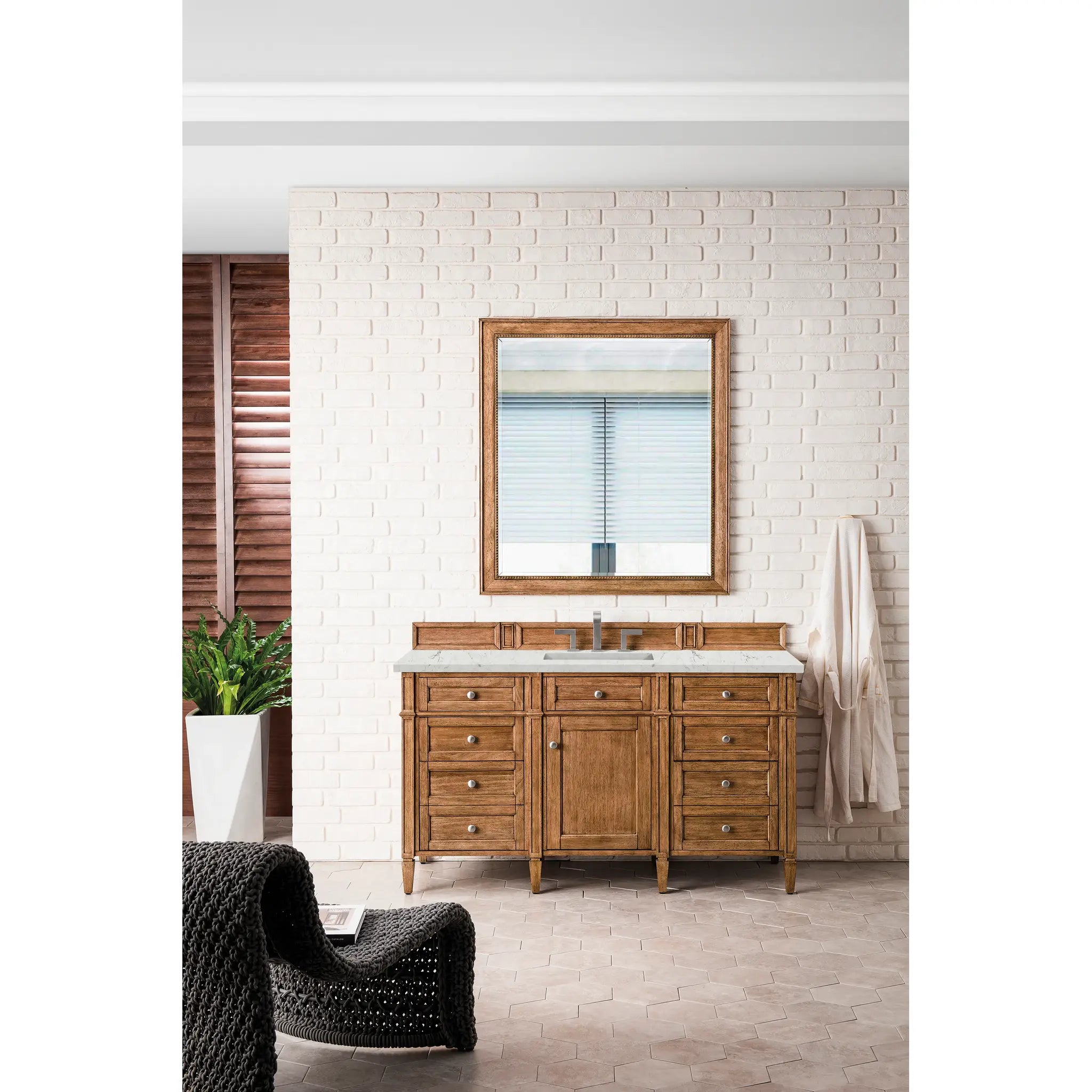 60" Brittany Single Vanity in Saddle Brown Wireless Charger-Eternal Jasmine Pearl Silestone-8" Widespread image 4