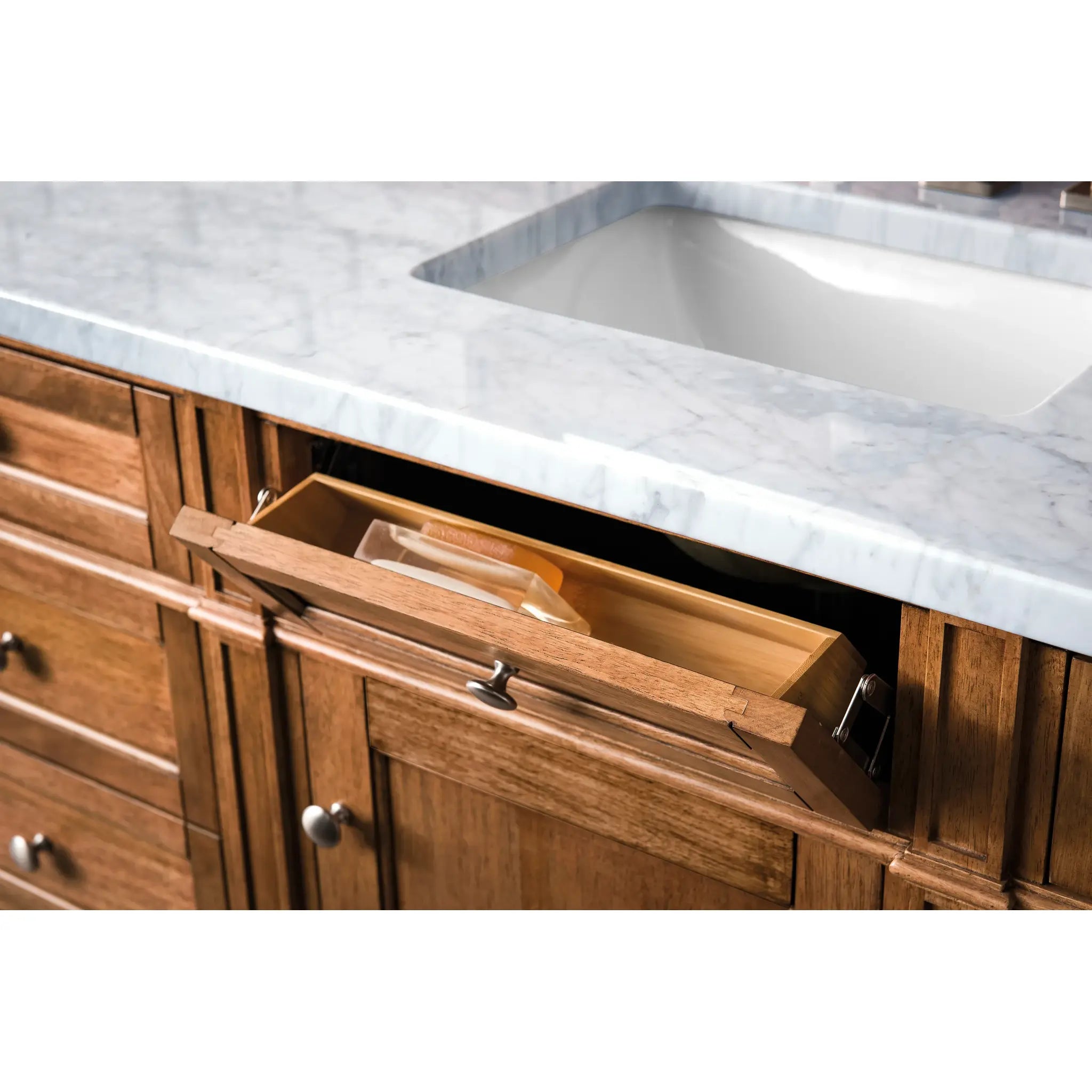 60" Brittany Single Vanity in Saddle Brown Wireless Charger-Eternal Jasmine Pearl Silestone-8" Widespread image 7