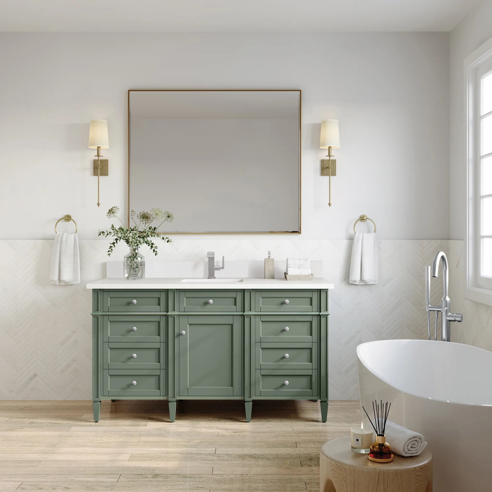 60" Brittany Single Vanity in Smokey Celadon-White Zeus Silestone & Backsplash-Single Hole image 1