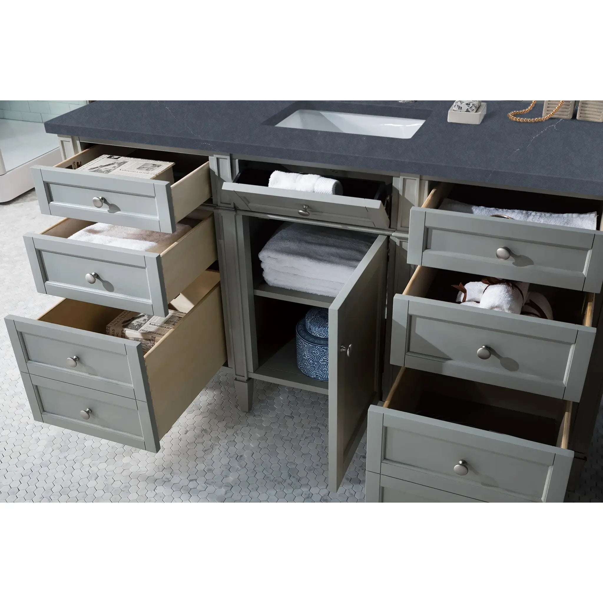 60" Brittany Single Vanity in Urban Gray-Charcoal Soapstone Silestone-8" Widespread image 3
