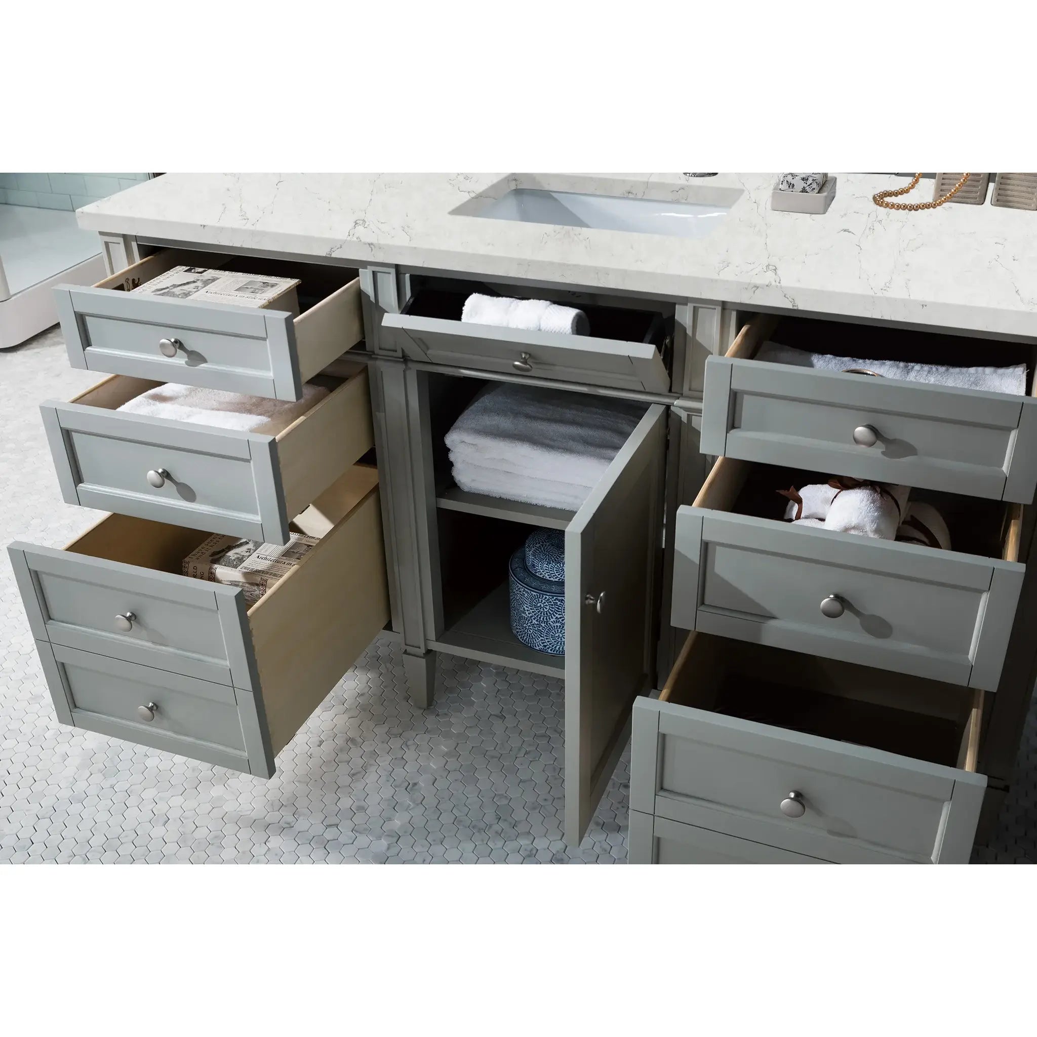 60" Brittany Single Vanity in Urban Gray-Eternal Jasmine Pearl Silestone-8" Widespread image 3