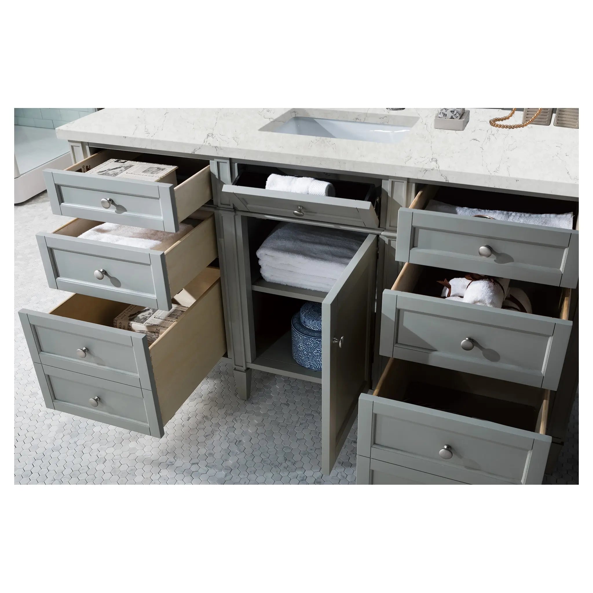 60 Brittany Single Vanity In Urban Gray Standard Eternal Jasmine Pearl Silestone 8 Widespread 5