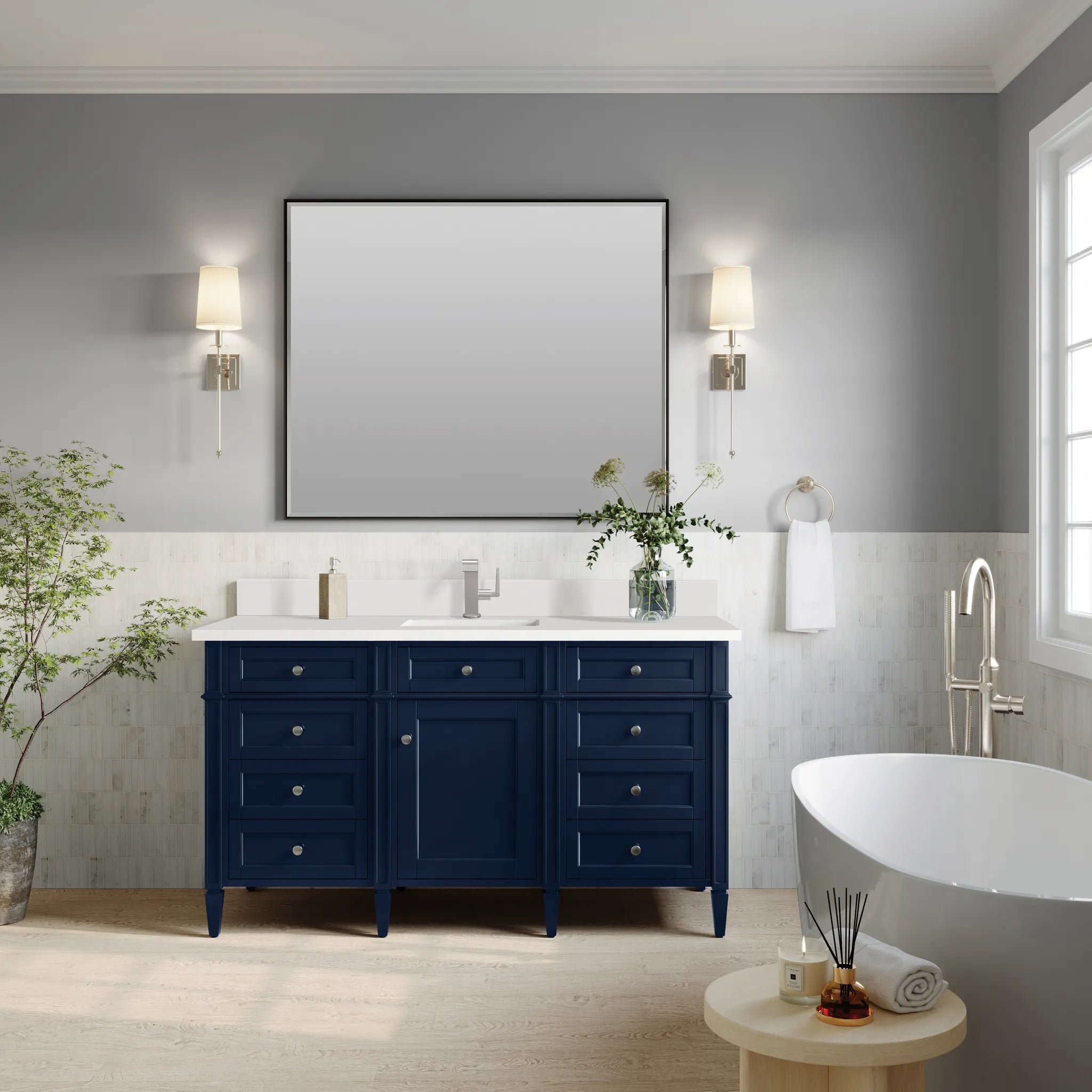 60" Brittany Single Vanity in Victory Blue-White Zeus Silestone & Backsplash-Single Hole image 1