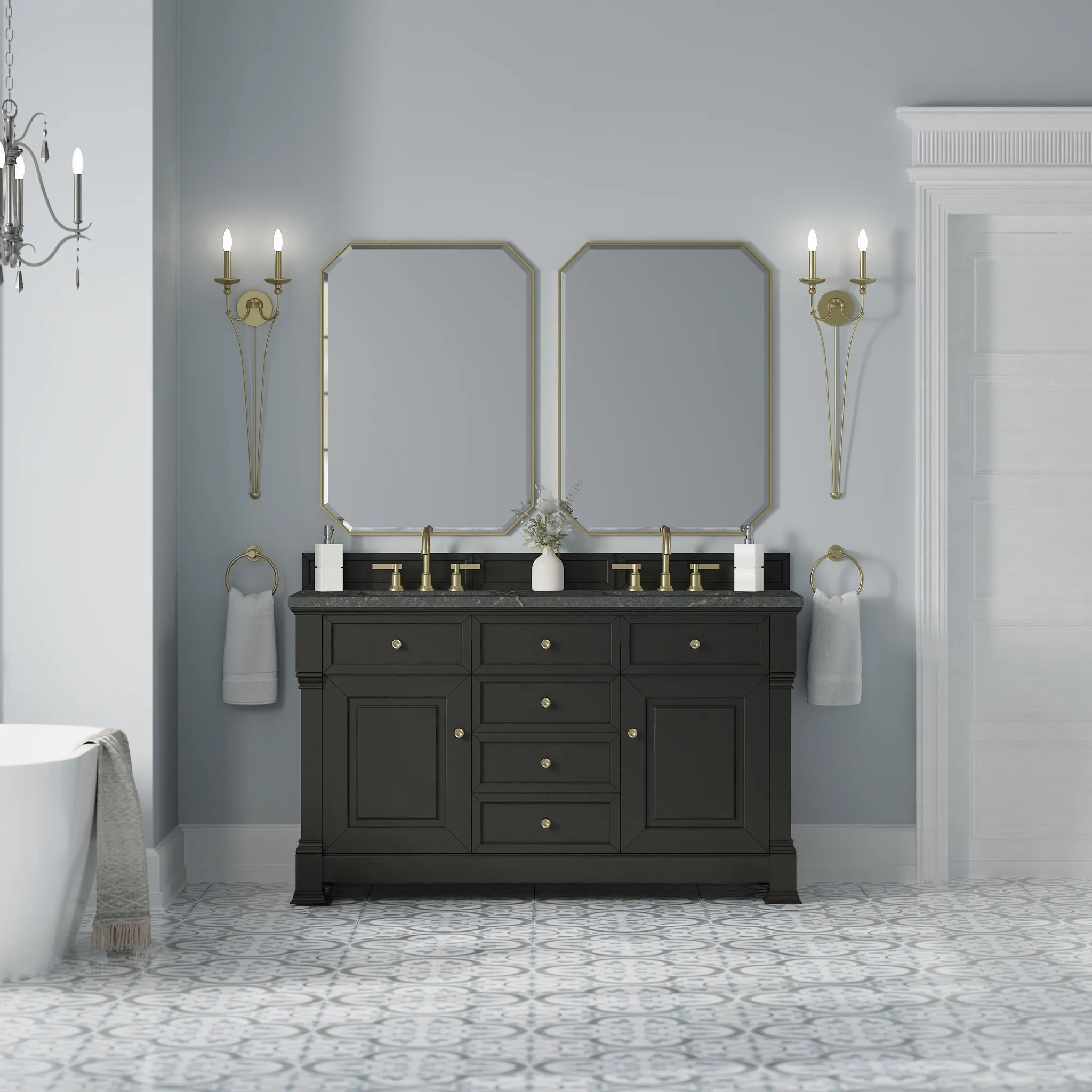 60" Brookfield Double Vanity in Black Onyx w/FreePower Wireless Charger-Parisien Bleu Silestone-8" Widespread image 5