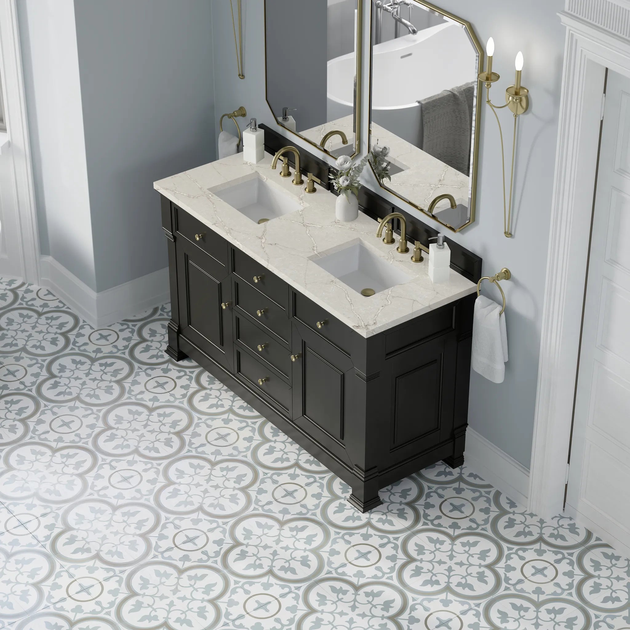 60" Brookfield Double Vanity in Black Onyx w/FreePower Wireless Charger-Victorian Silver Silestone-8" Widespread image 9