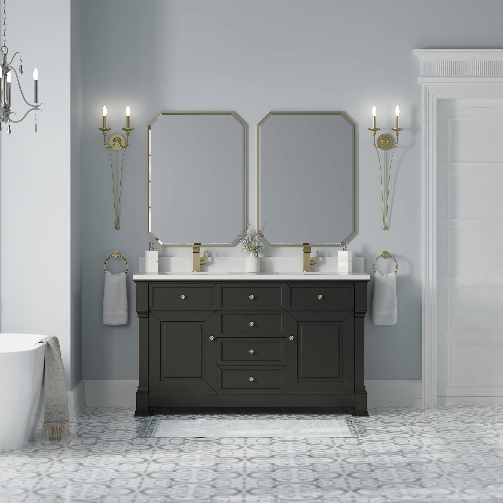 60" Brookfield Double Vanity in Black Onyx-White Zeus Silestone & Backsplash-Single Hole image 2