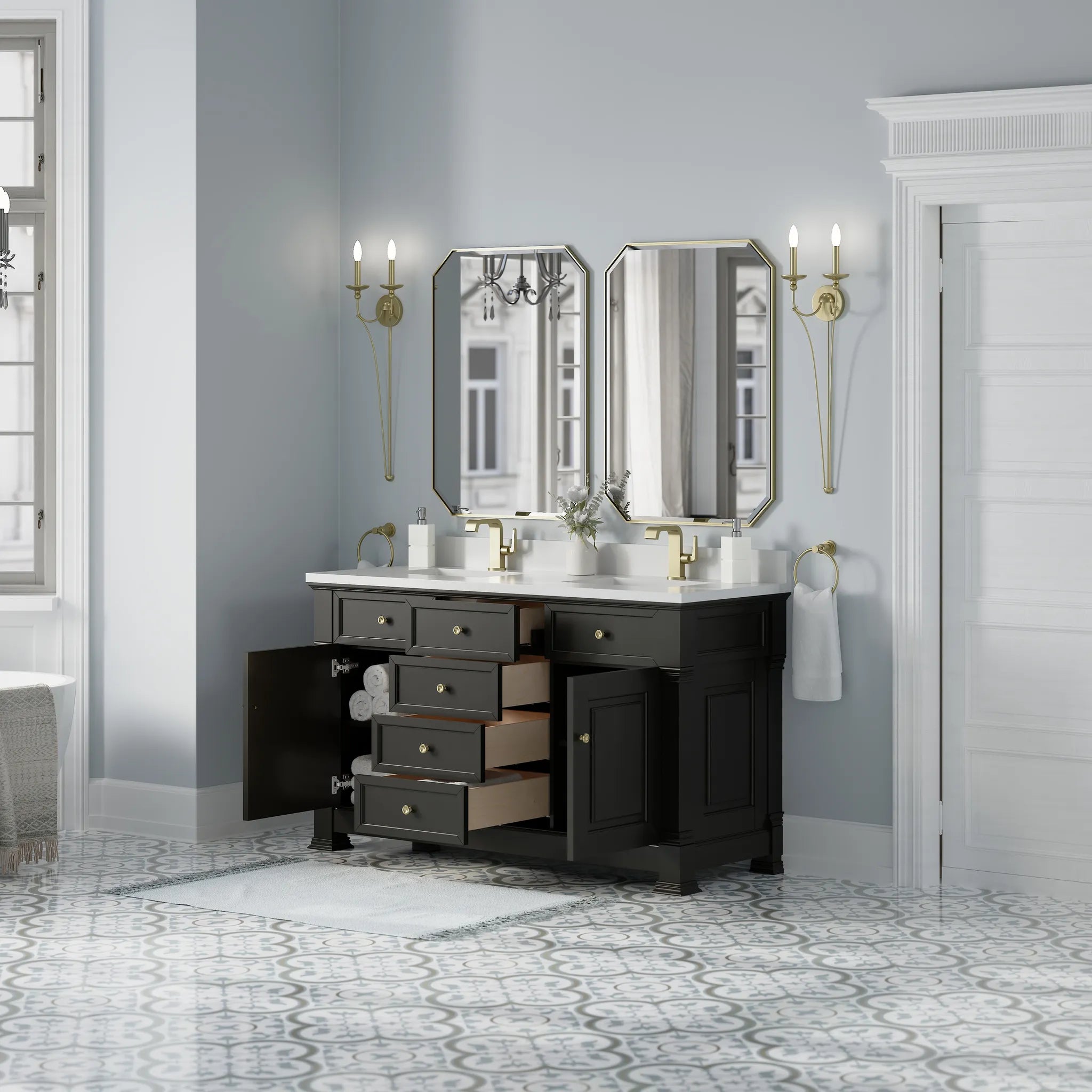 60" Brookfield Double Vanity in Black Onyx-White Zeus Silestone & Backsplash-Single Hole image 4