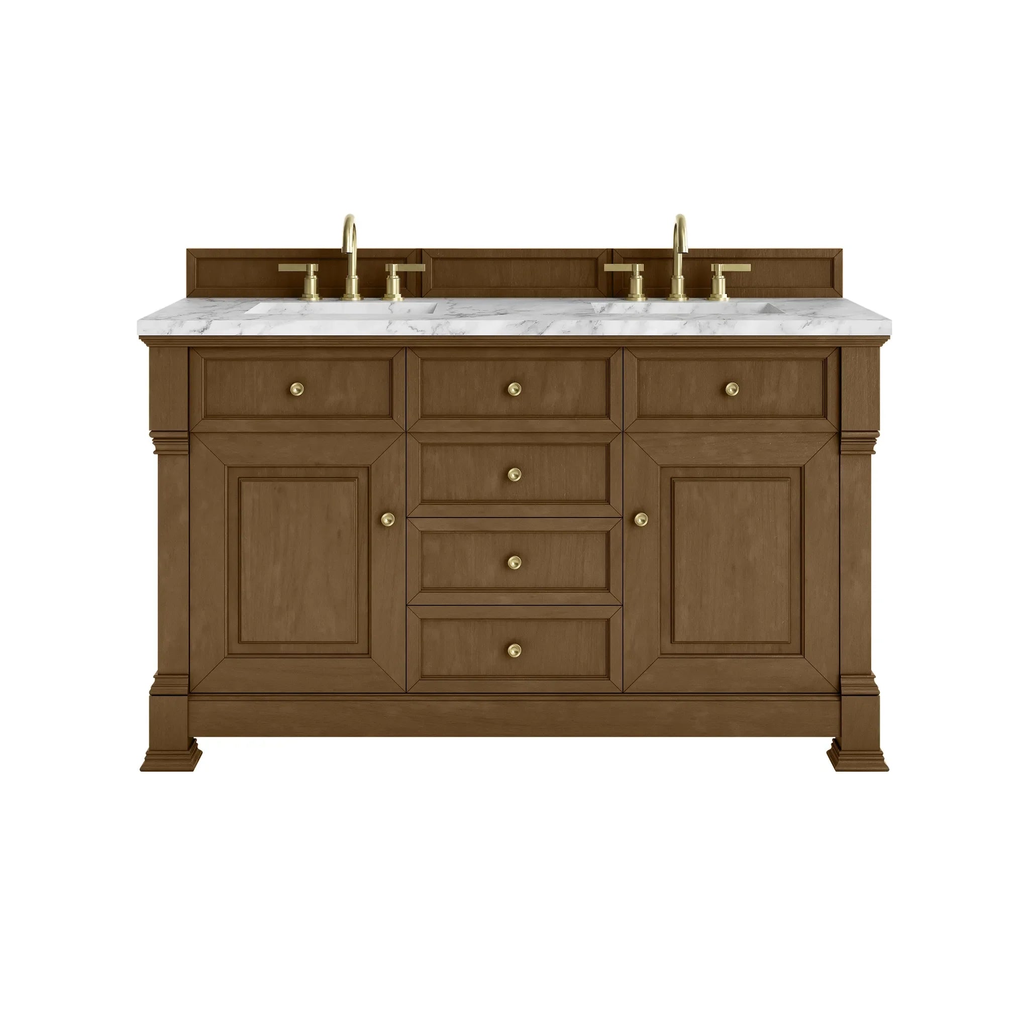 60" Brookfield Double Vanity in Honey Oak-Carrara White Marble-8" Widespread image