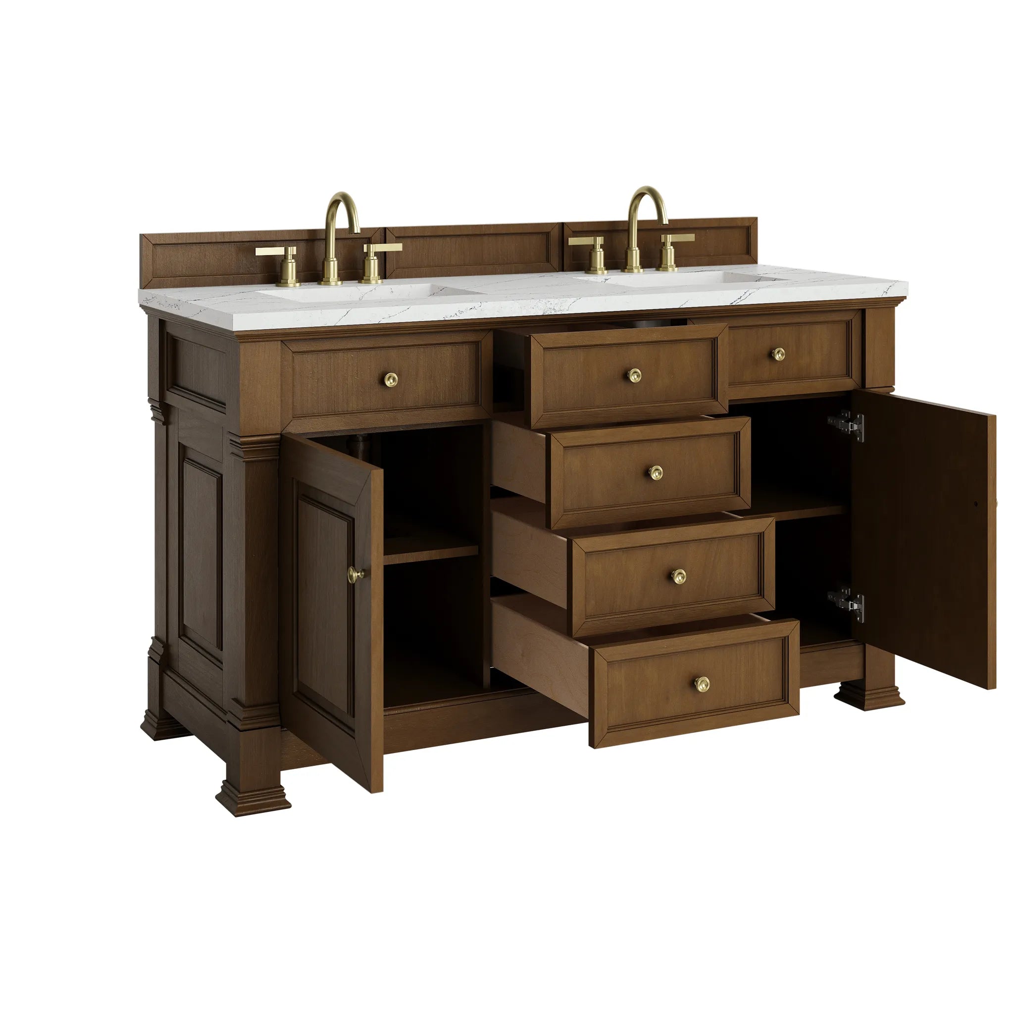 60" Brookfield Double Vanity in Honey Oak w/FreePower Wireless Charger-Ethereal Noctis Silestone-8" Widespread image 10