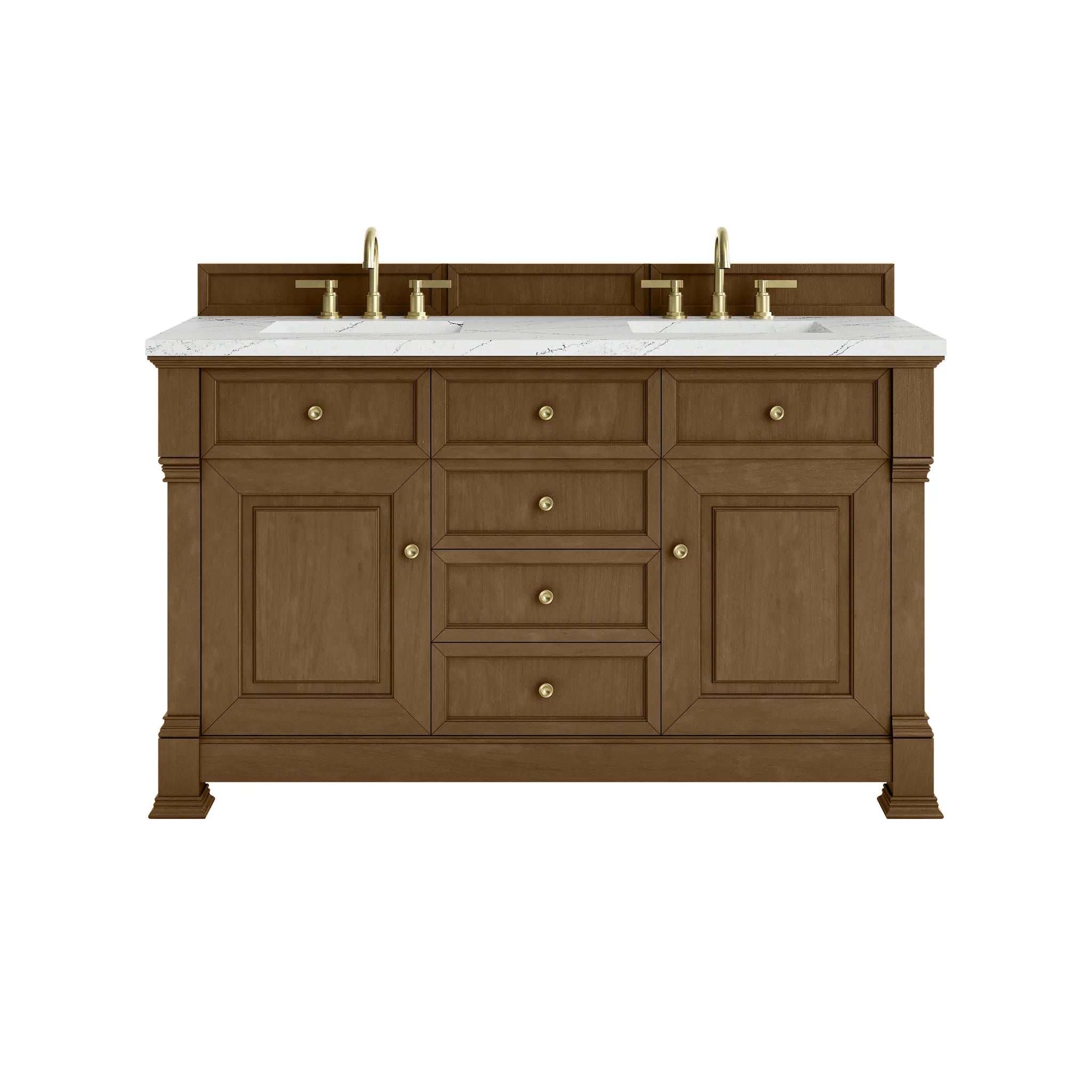 60" Brookfield Double Vanity in Honey Oak w/FreePower Wireless Charger-Ethereal Noctis Silestone-8" Widespread image
