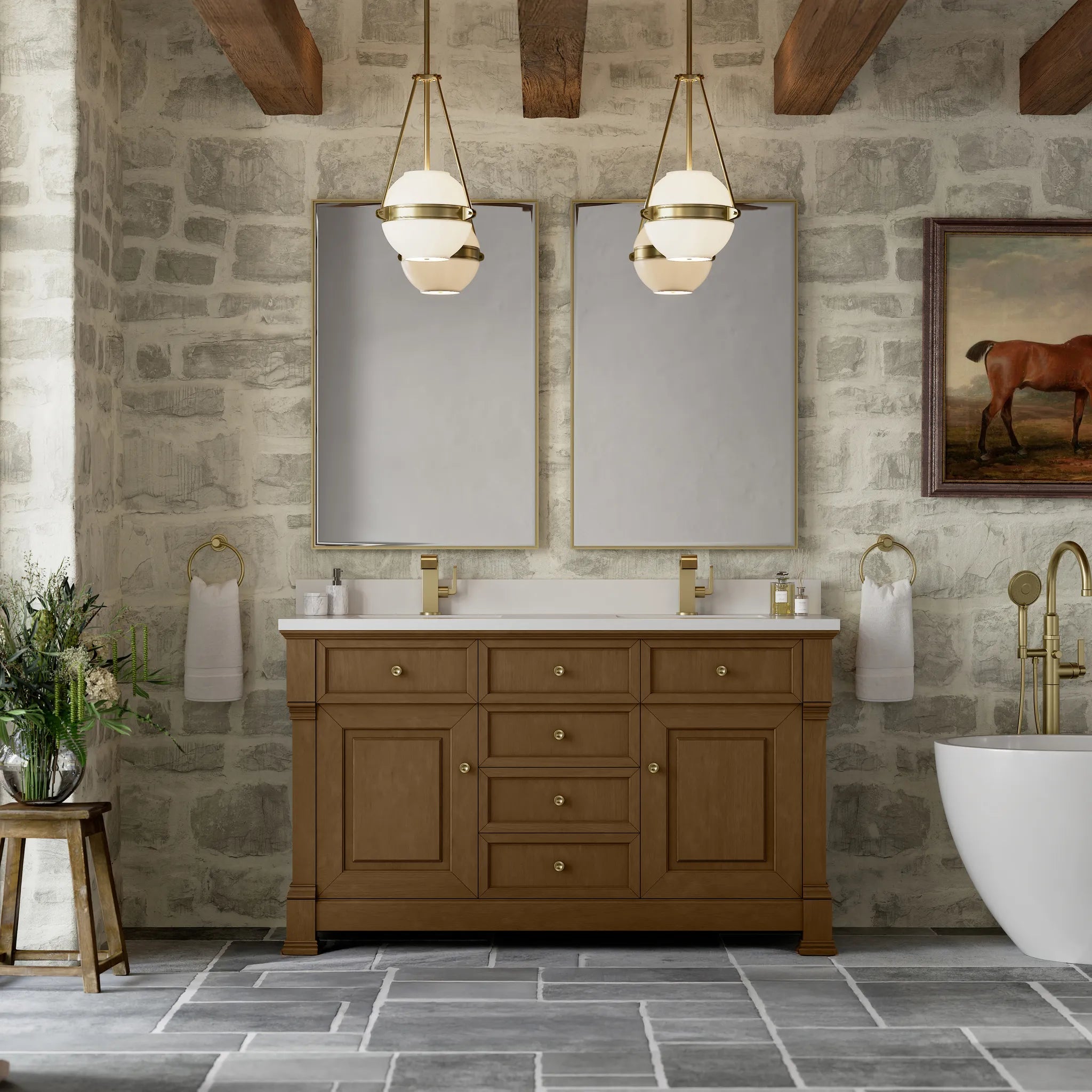 60" Brookfield Double Vanity in Honey Oak-White Zeus Silestone & Backsplash-Single Hole image 2