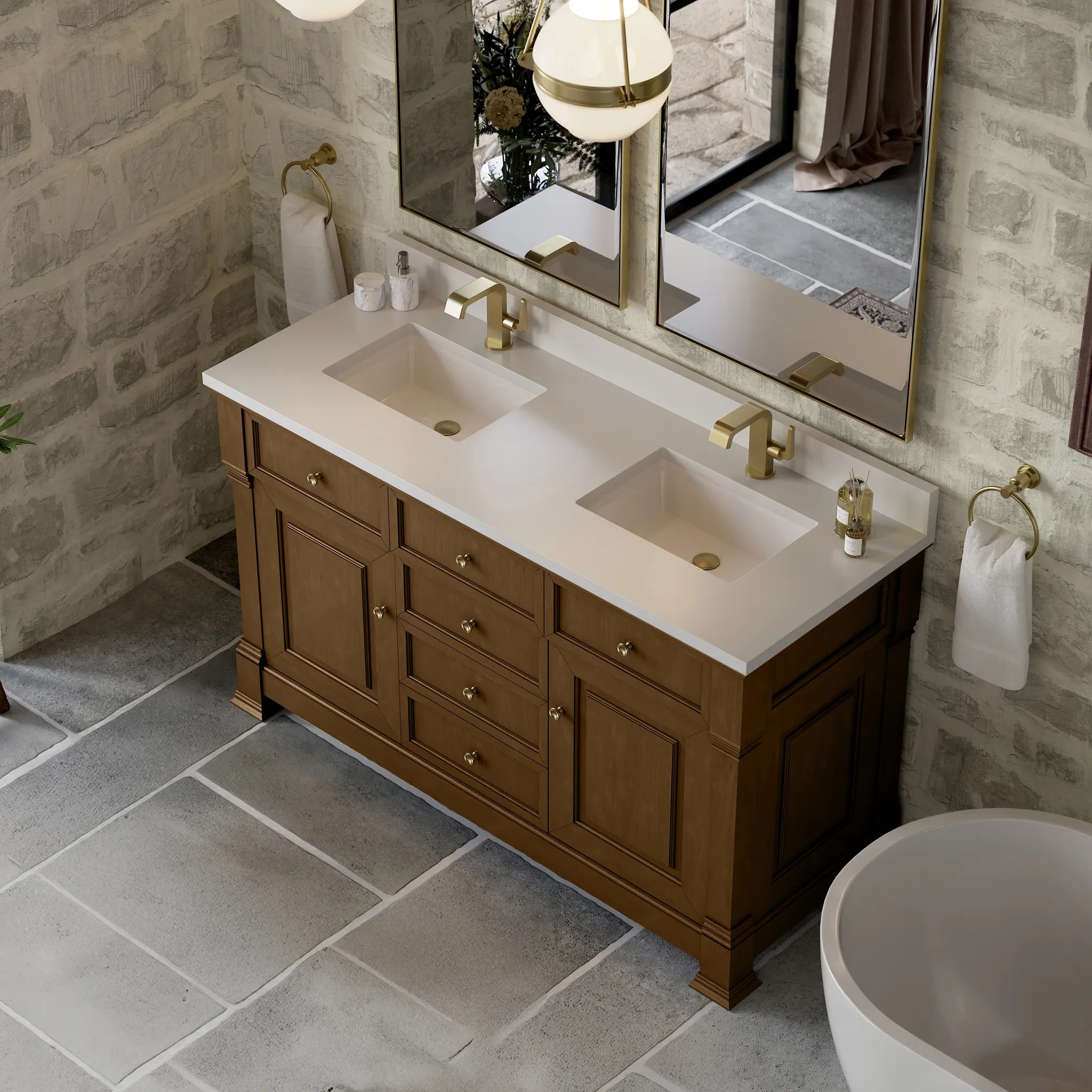 60" Brookfield Double Vanity in Honey Oak-White Zeus Silestone & Backsplash-Single Hole image 6