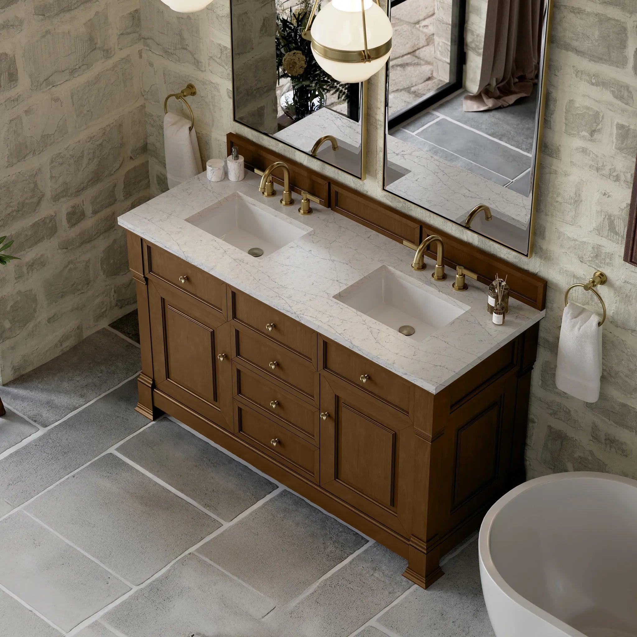 60" Brookfield Double Vanity in Honey Oak Wireless Charger-Eternal Jasmine Pearl Silestone-8" Widespread image 9