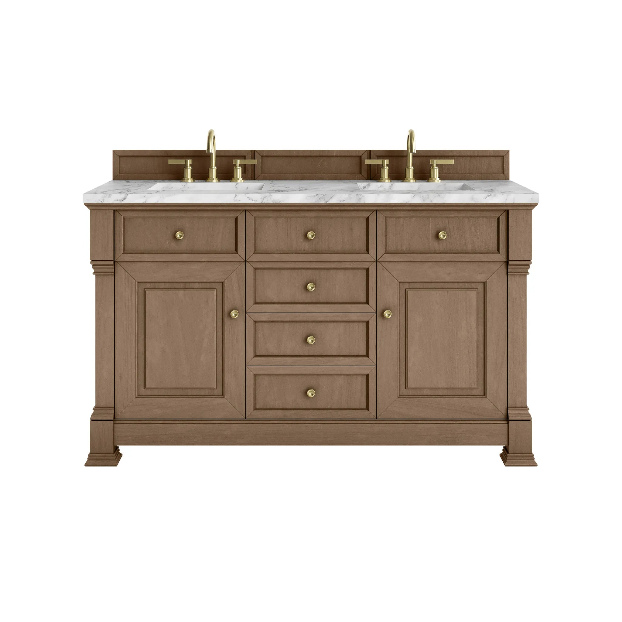 60" Brookfield Double Vanity in Pecan-Carrara White Marble-8" Widespread image
