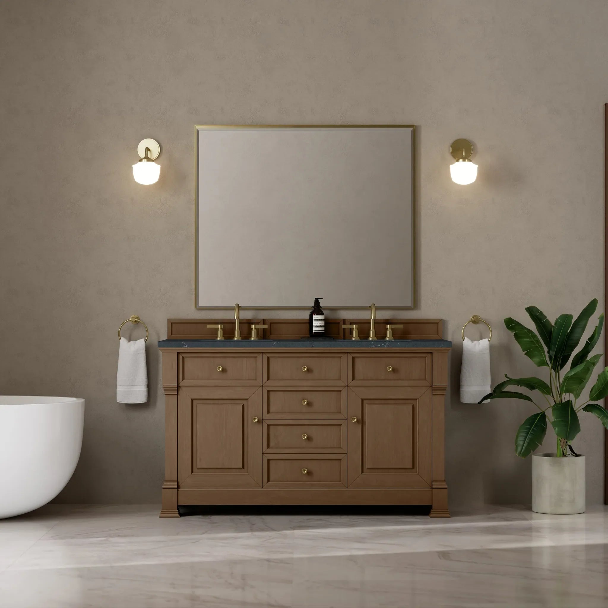 60" Brookfield Double Vanity in Pecan-Charcoal Soapstone Silestone-8" Widespread image 2