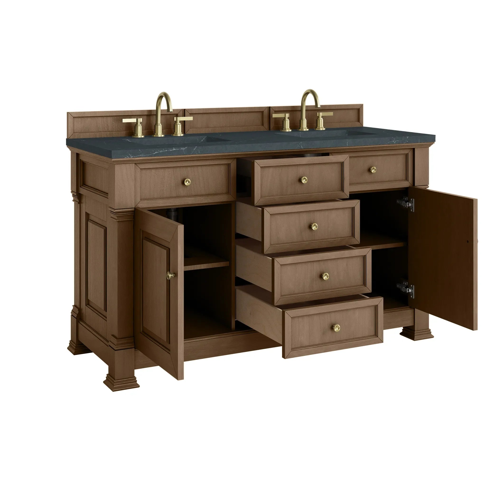 60" Brookfield Double Vanity in Pecan-Charcoal Soapstone Silestone-8" Widespread image 7
