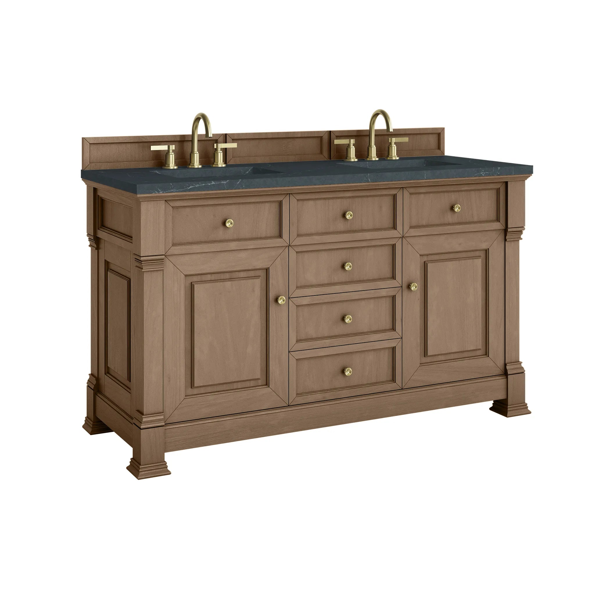 60" Brookfield Double Vanity in Pecan-Charcoal Soapstone Silestone-8" Widespread image 9