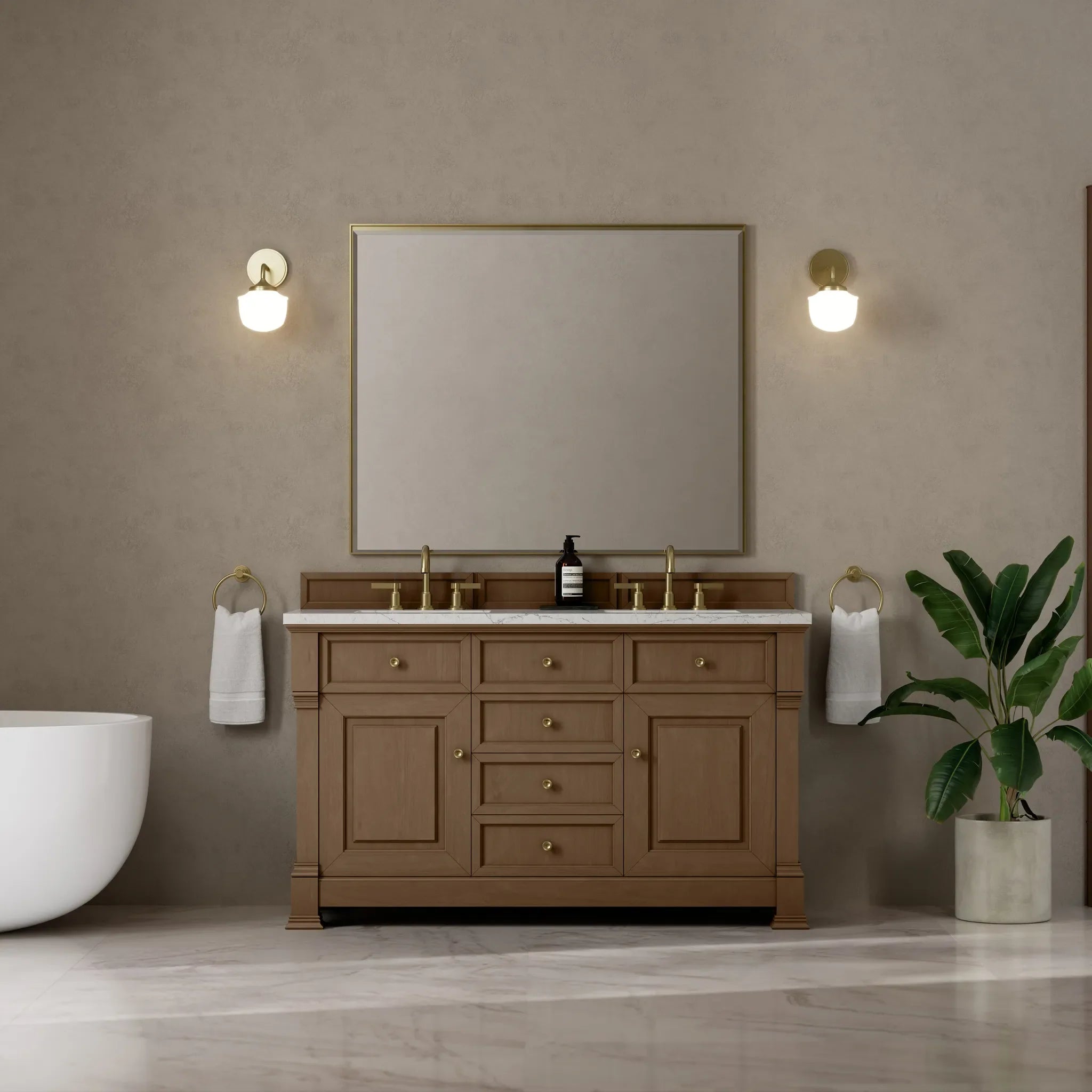 60" Brookfield Double Vanity in Pecan-Eternal Jasmine Pearl Silestone-8" Widespread image 2