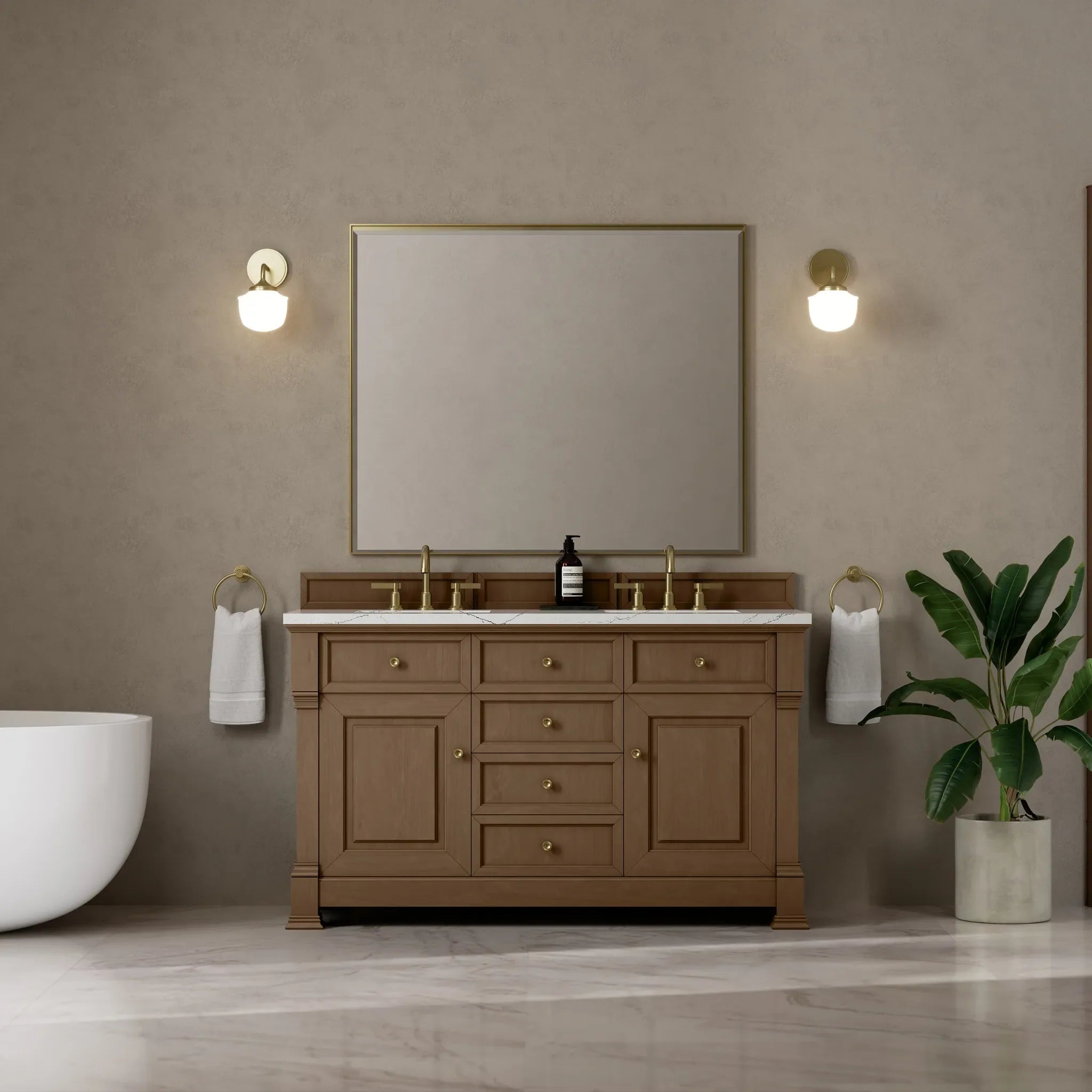 60" Brookfield Double Vanity in Pecan-Ethereal Noctis Silestone-8" Widespread image 2