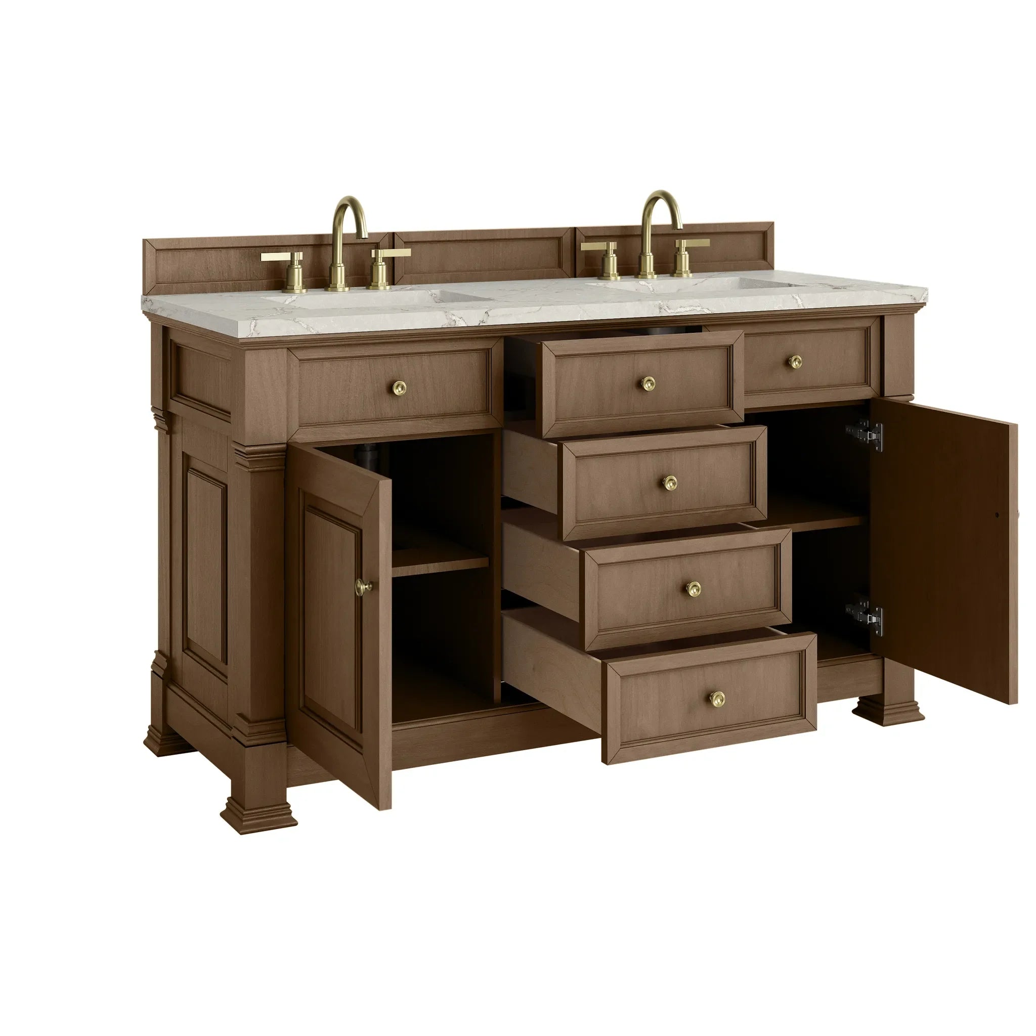 60" Brookfield Double Vanity in Pecan-Victorian Silver Silestone-8" Widespread image 7
