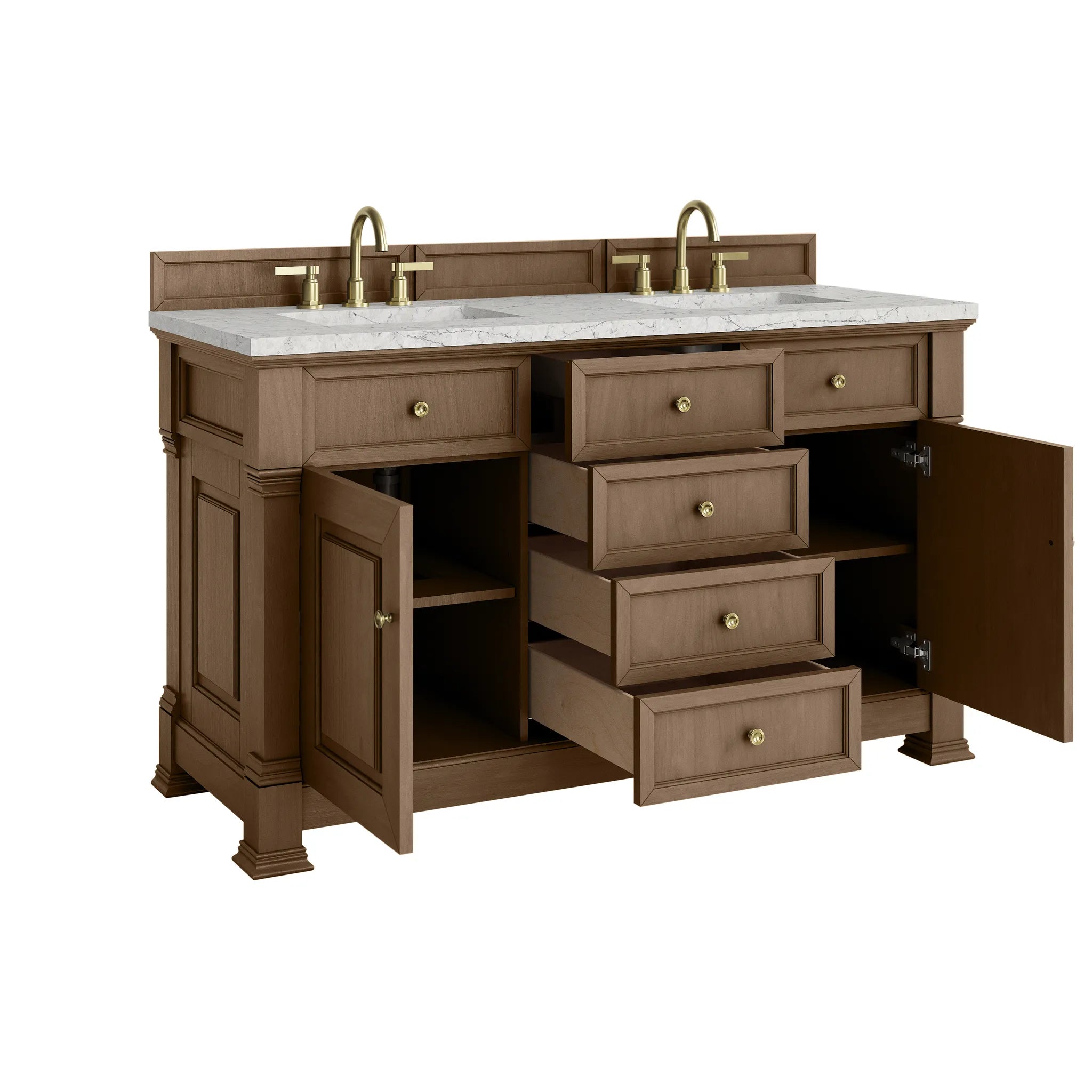 60" Brookfield Double Vanity in Pecan w/FreePower Wireless Charger-Eternal Jasmine Pearl Silestone-8" Widespread image 10