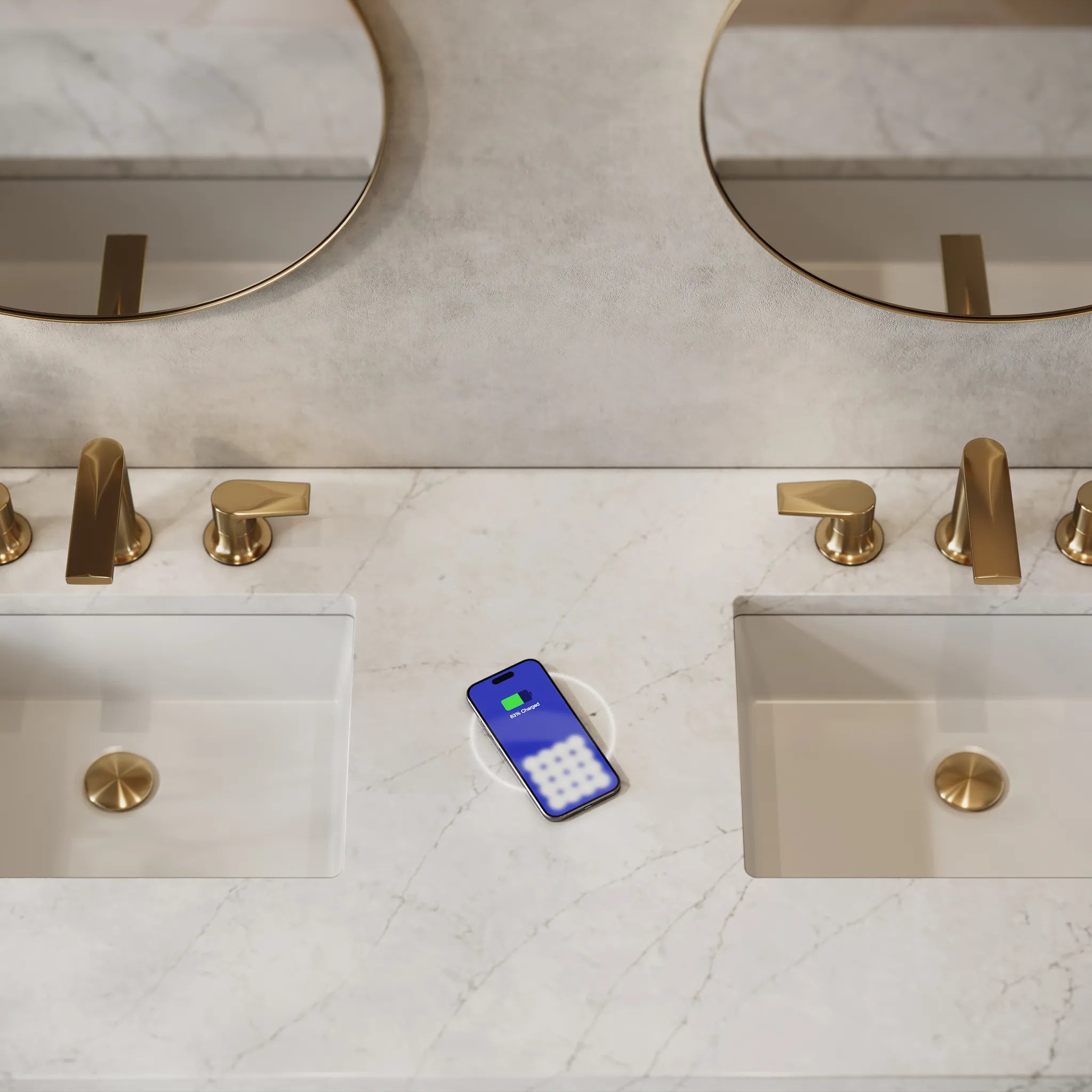 60" Brookfield Double Vanity in Pecan w/FreePower Wireless Charger-Eternal Jasmine Pearl Silestone-8" Widespread image 1