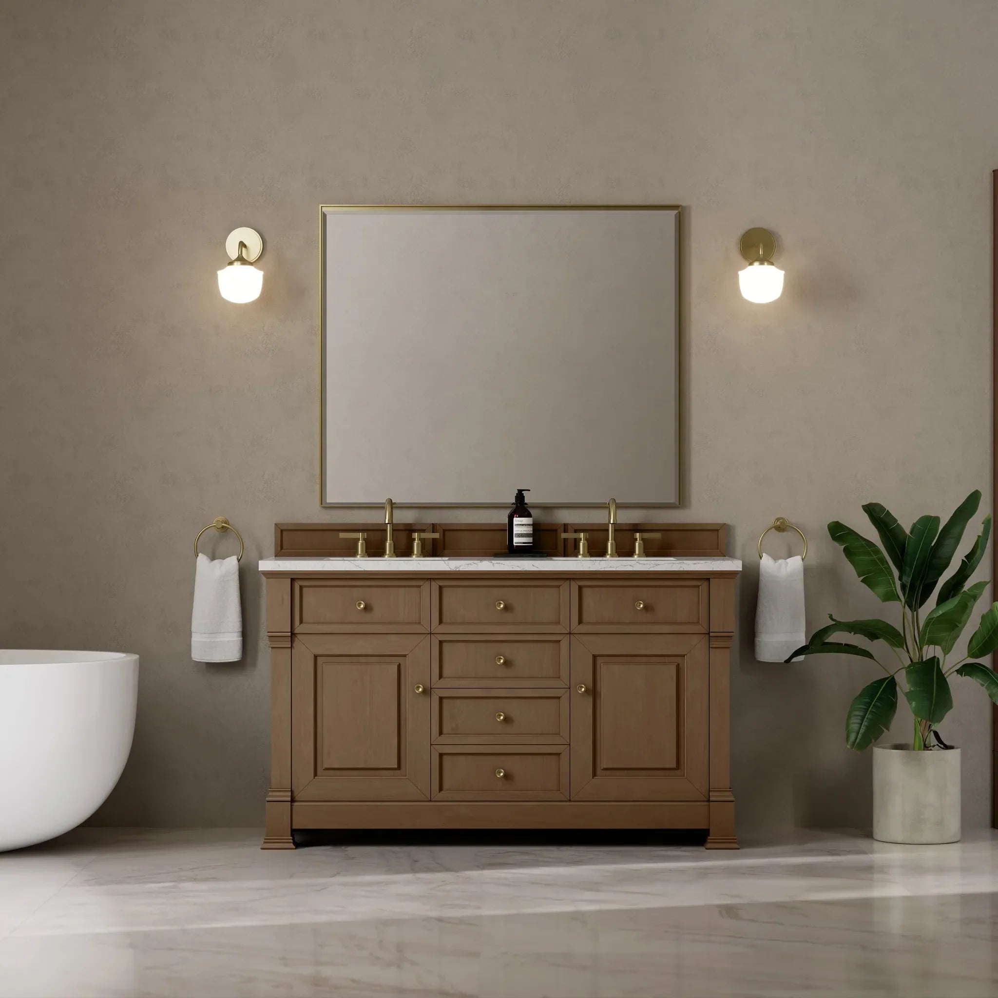 60" Brookfield Double Vanity in Pecan w/FreePower Wireless Charger-Eternal Jasmine Pearl Silestone-8" Widespread image 5
