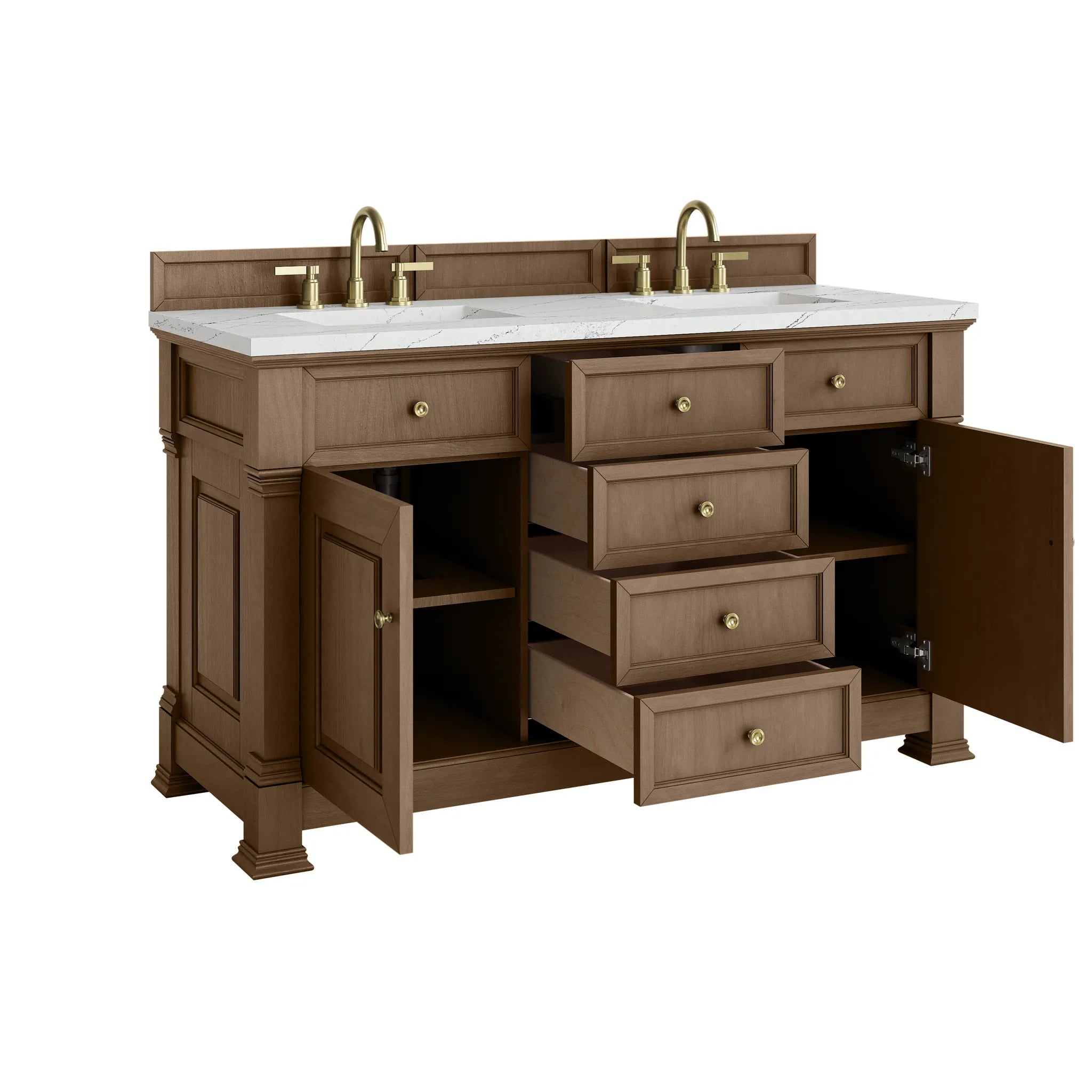 60" Brookfield Double Vanity in Pecan w/FreePower Wireless Charger-Ethereal Noctis Silestone-8" Widespread image 10