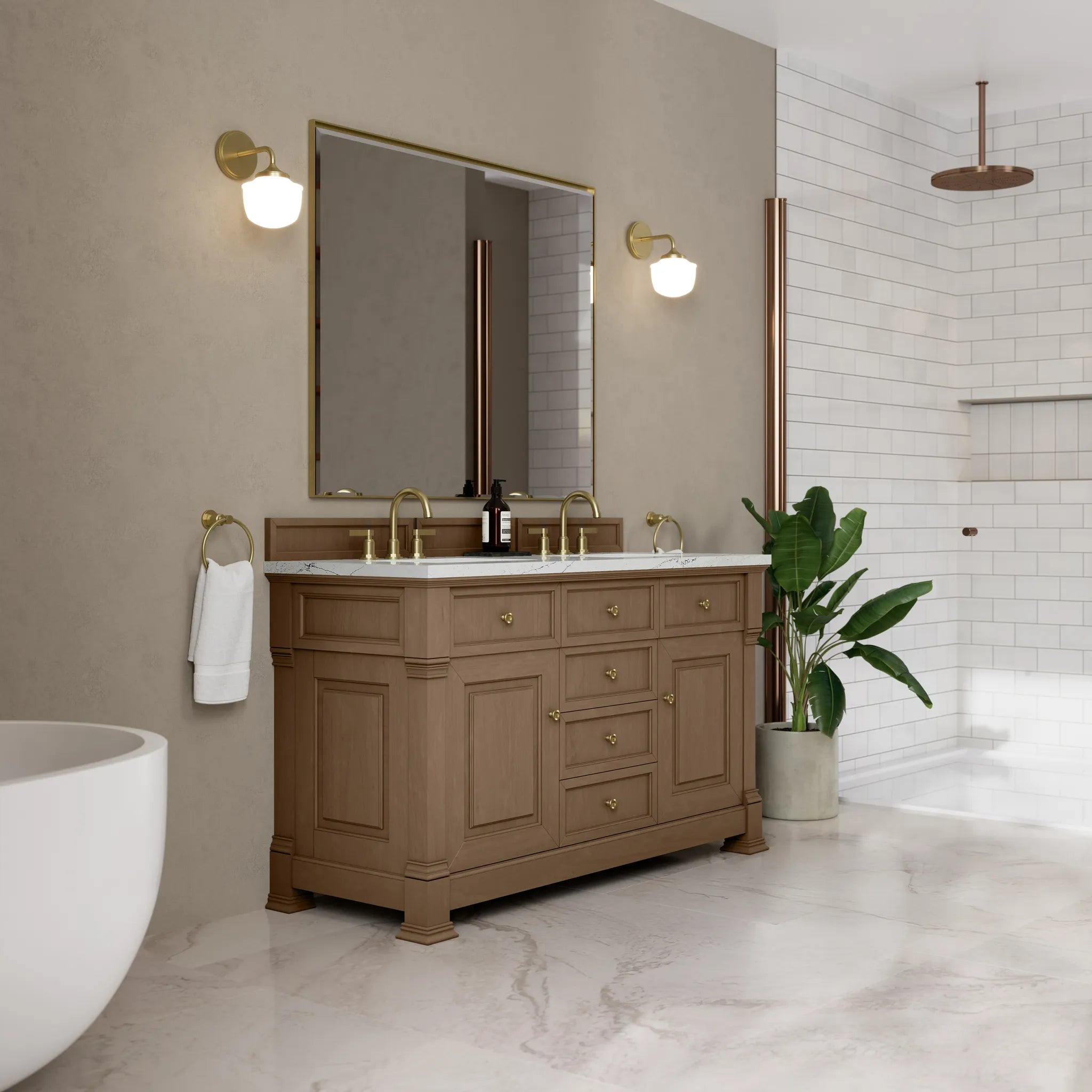 60" Brookfield Double Vanity in Pecan w/FreePower Wireless Charger-Ethereal Noctis Silestone-8" Widespread image 6