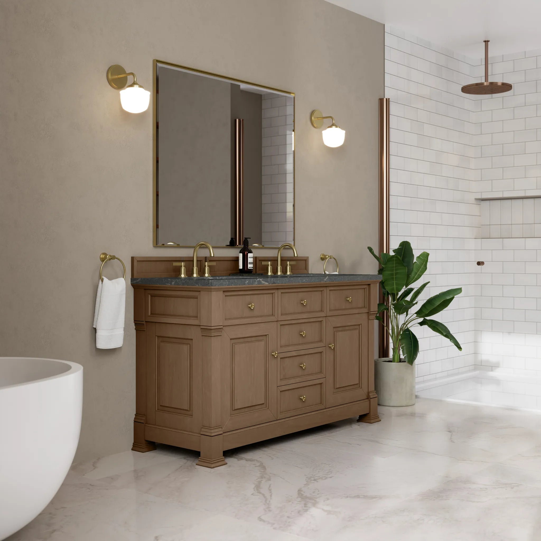 60" Brookfield Double Vanity in Pecan w/FreePower Wireless Charger-Parisien Bleu Silestone-8" Widespread image 6