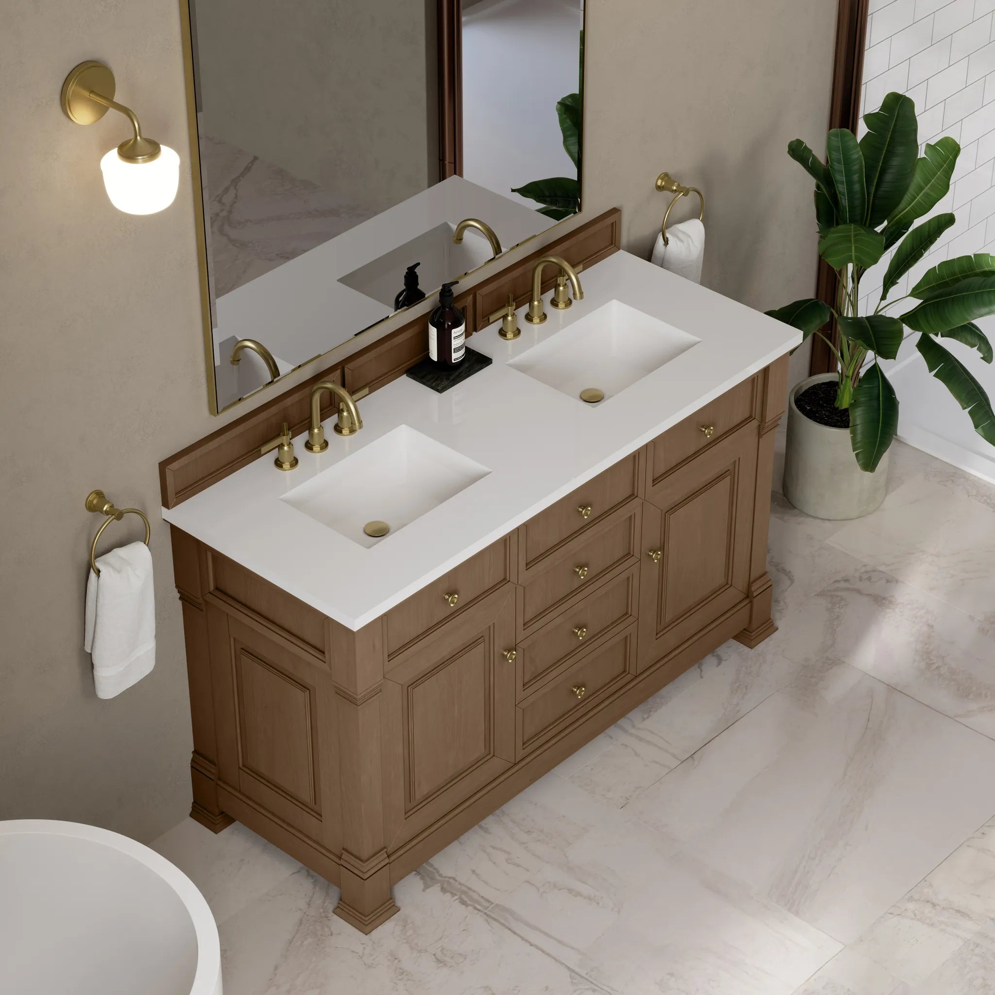 60" Brookfield Double Vanity in Pecan-White Zeus Silestone-8" Widespread image 6