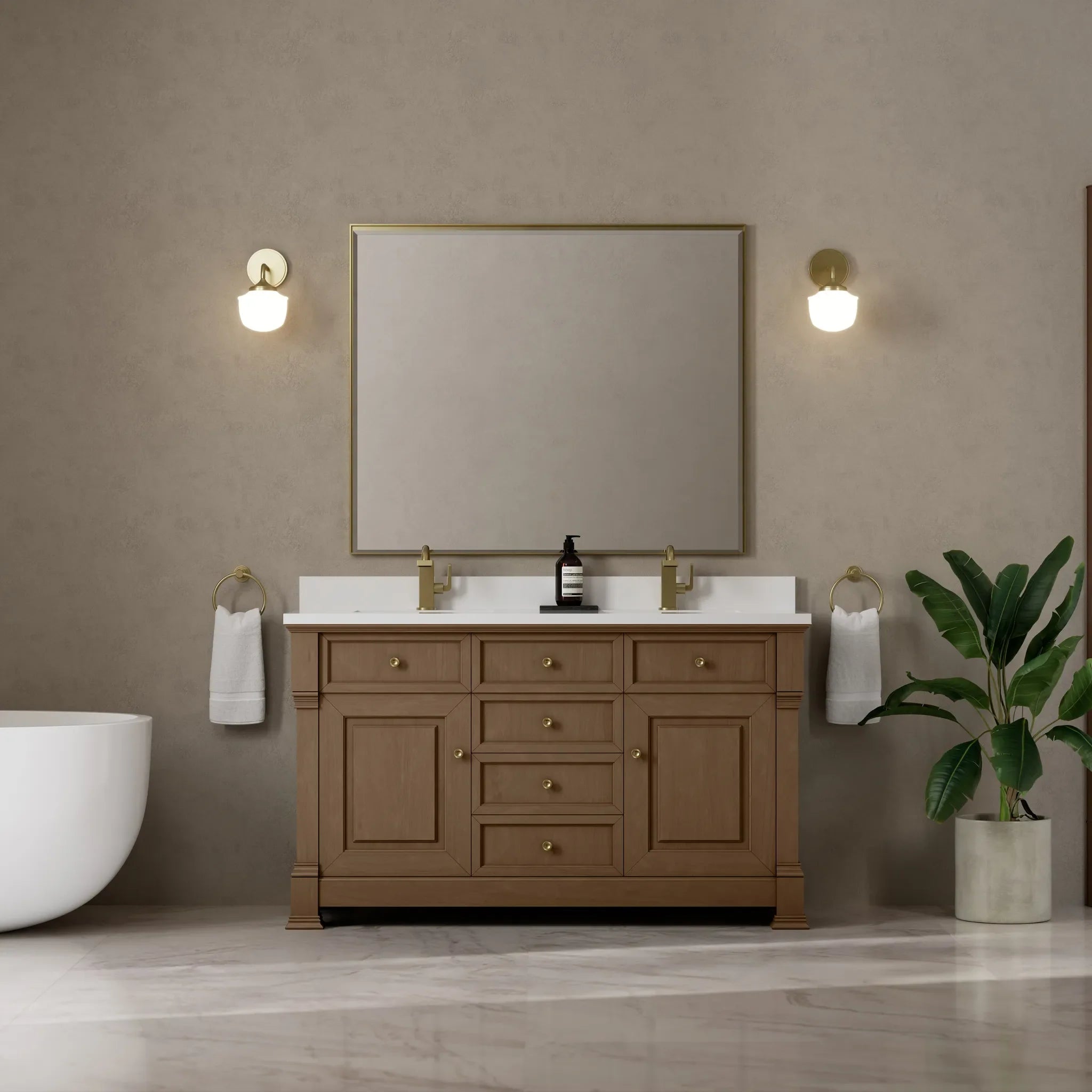 60" Brookfield Double Vanity in Pecan-White Zeus Silestone & Backsplash-Single Hole image 2